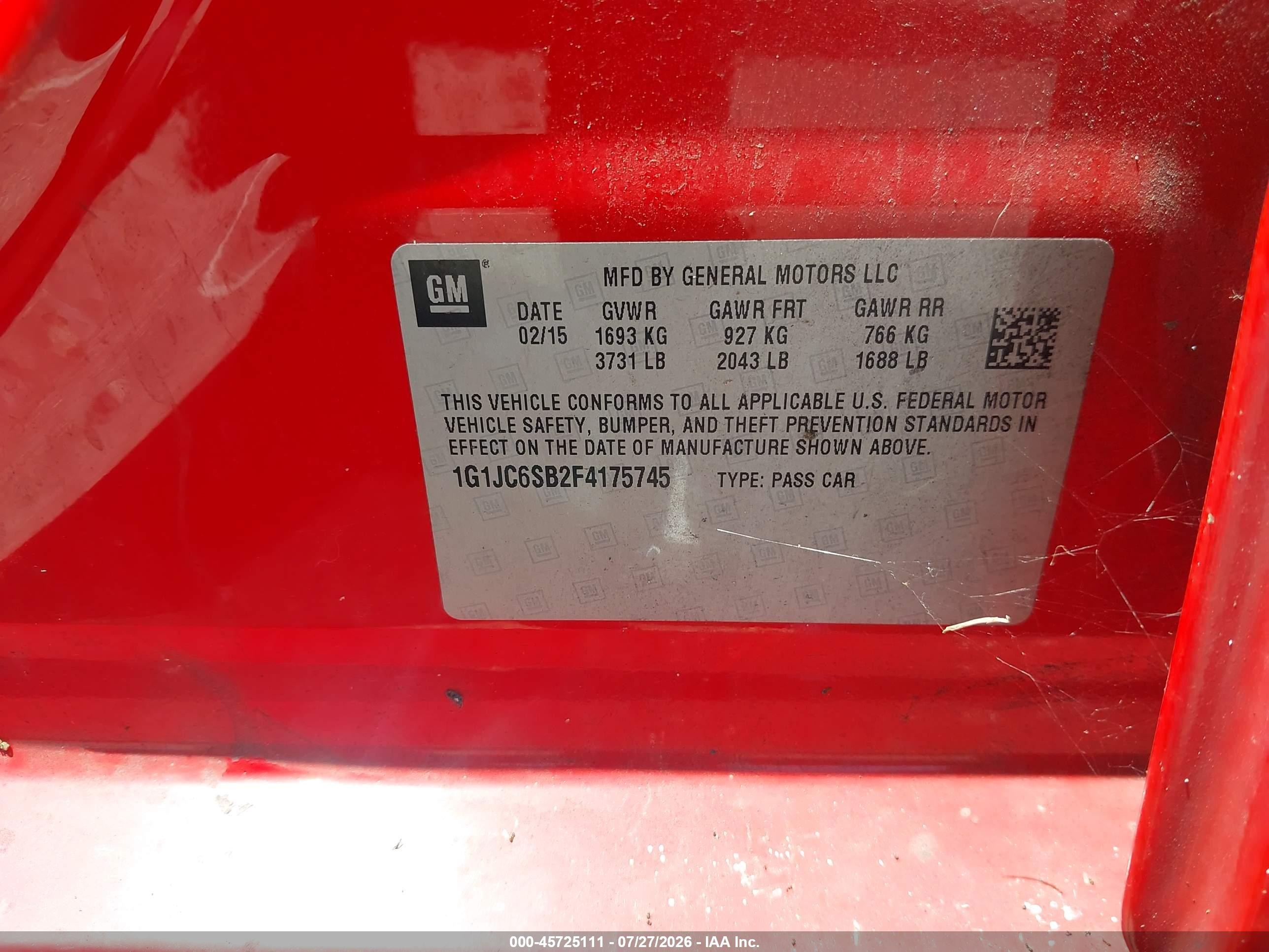 2015 Chevrolet Sonic Lt Auto Red vin: 1G1JC6SB2F4175745