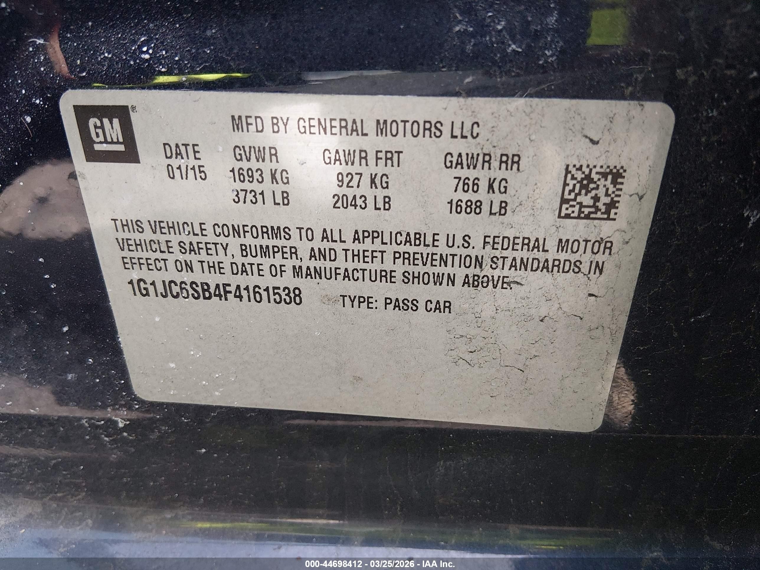 2015 Chevrolet Sonic Lt Auto Blue vin: 1G1JC6SB4F4161538