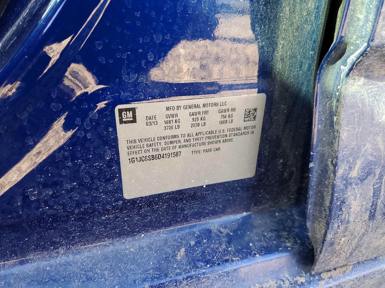 2013 Chevrolet Sonic Lt Blue vin: 1G1JC6SB6D4191587
