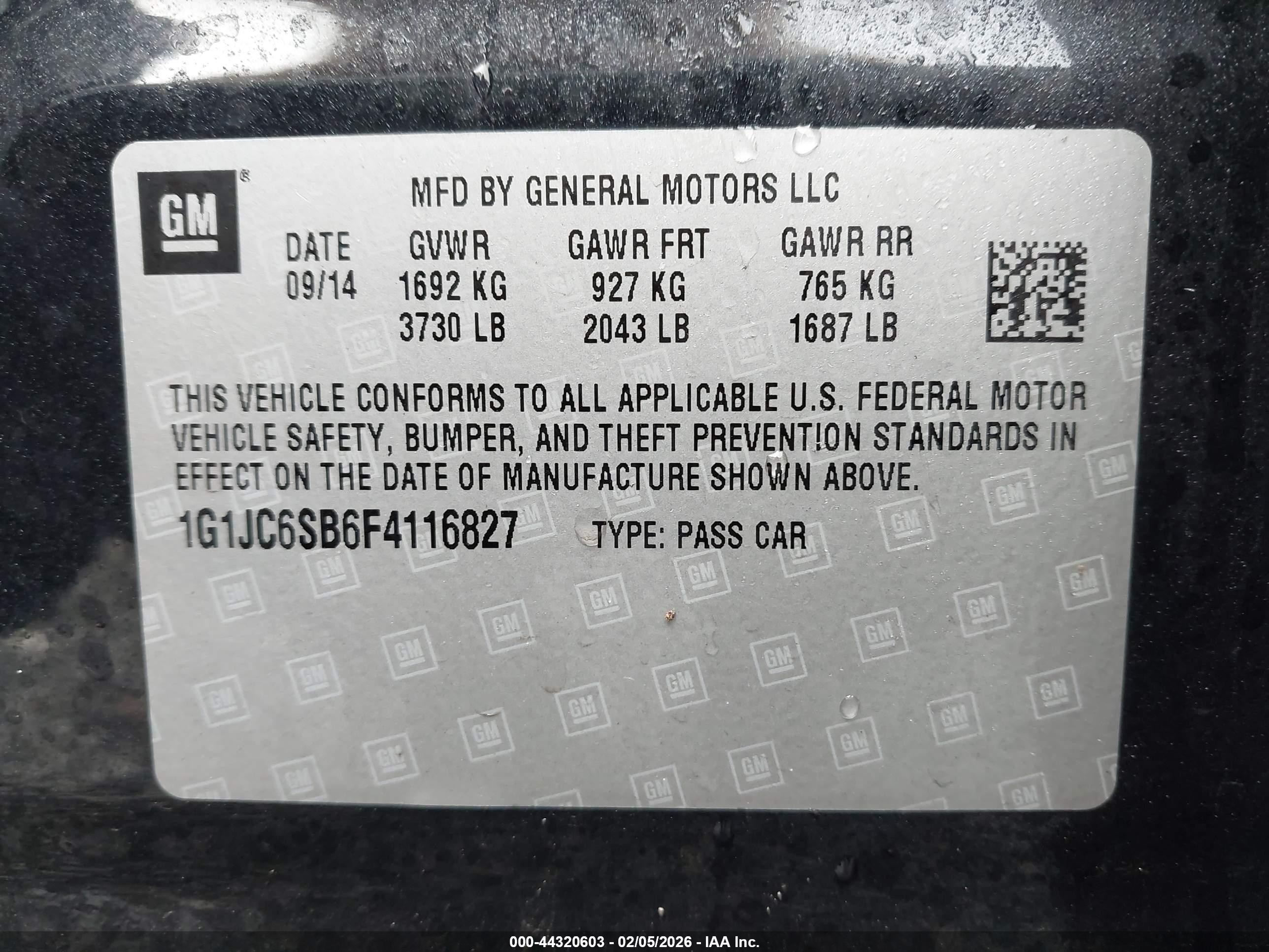 2015 Chevrolet Sonic Lt Auto Black vin: 1G1JC6SB6F4116827