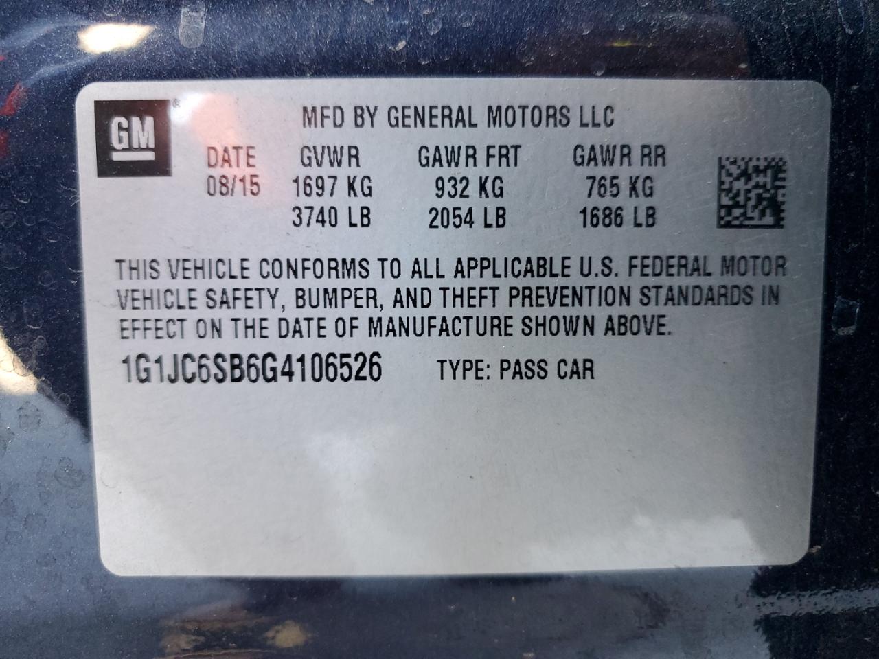 2016 Chevrolet Sonic Lt Blue vin: 1G1JC6SB6G4106526