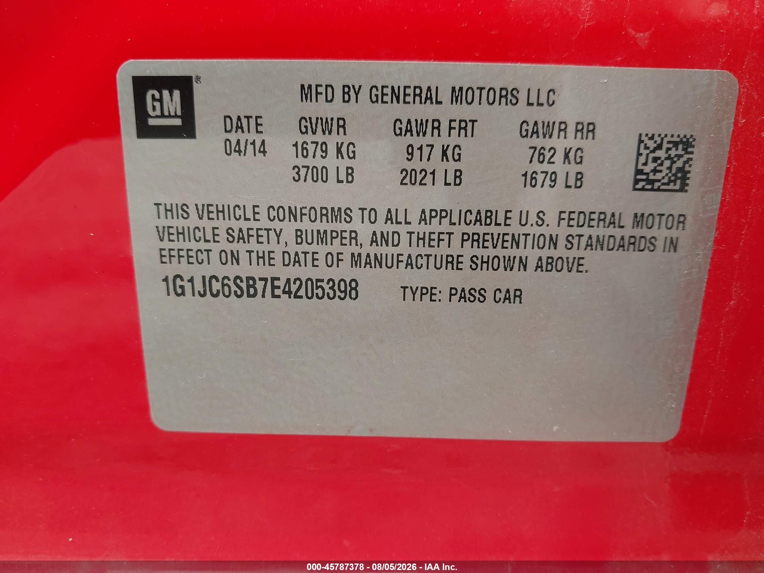 2014 Chevrolet Sonic Lt Auto Красный vin: 1G1JC6SB7E4205398