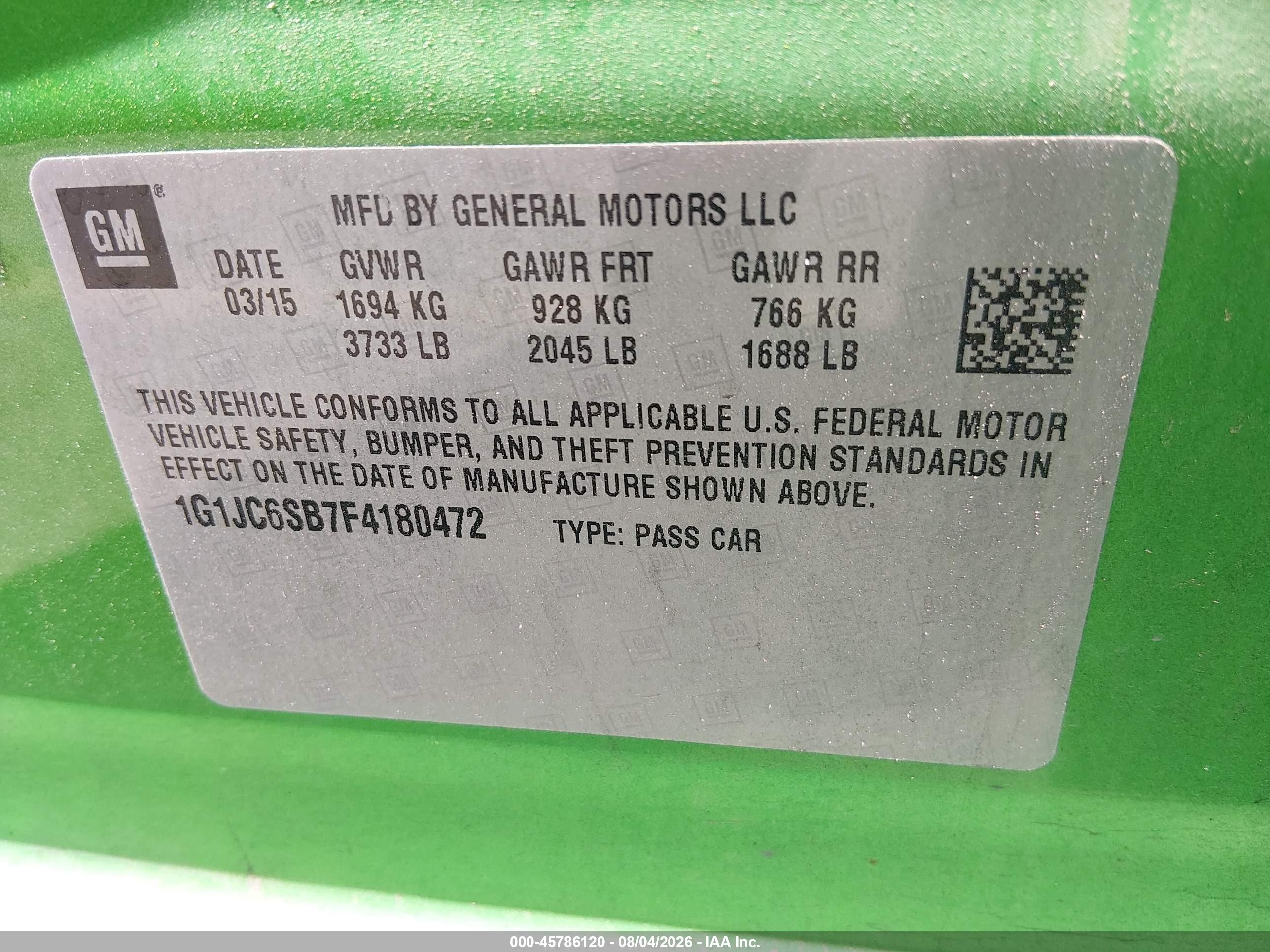 2015 Chevrolet Sonic Lt Auto Green vin: 1G1JC6SB7F4180472