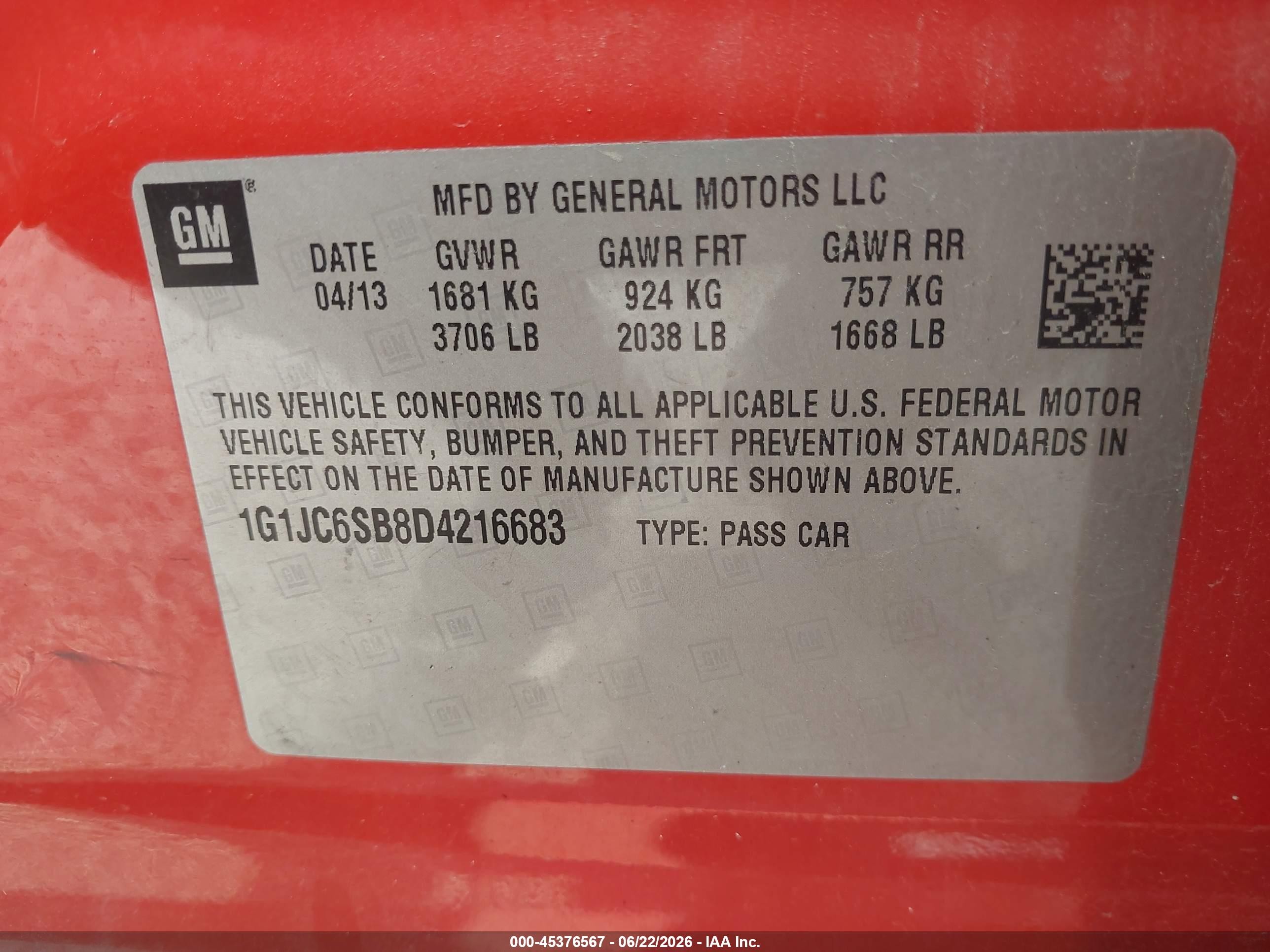 2013 Chevrolet Sonic Lt Auto Оранжевый vin: 1G1JC6SB8D4216683