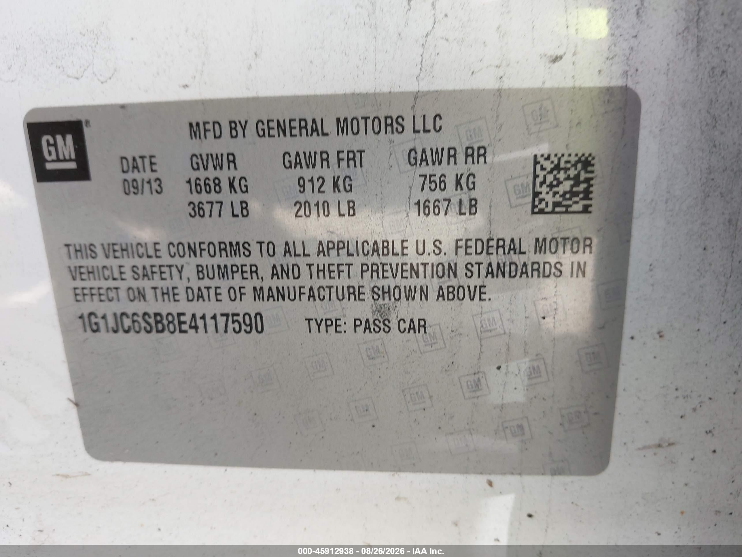 2014 Chevrolet Sonic Lt Auto White vin: 1G1JC6SB8E4117590