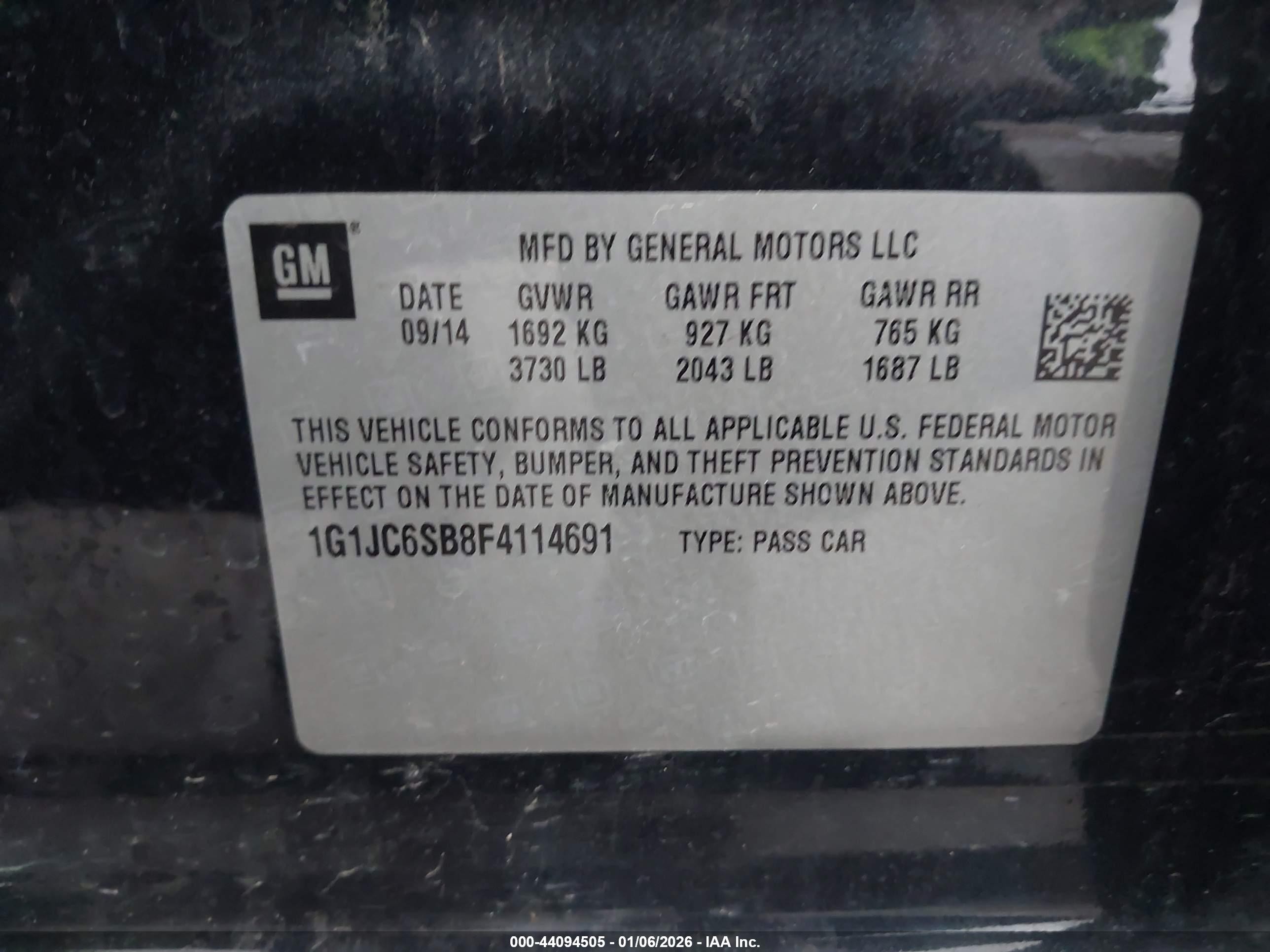 2015 Chevrolet Sonic Lt Auto Black vin: 1G1JC6SB8F4114691
