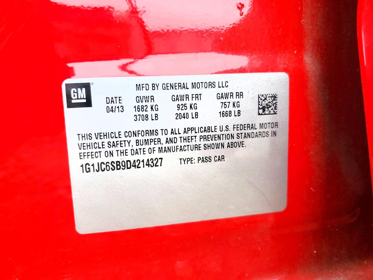 2013 Chevrolet Sonic Lt Red vin: 1G1JC6SB9D4214327