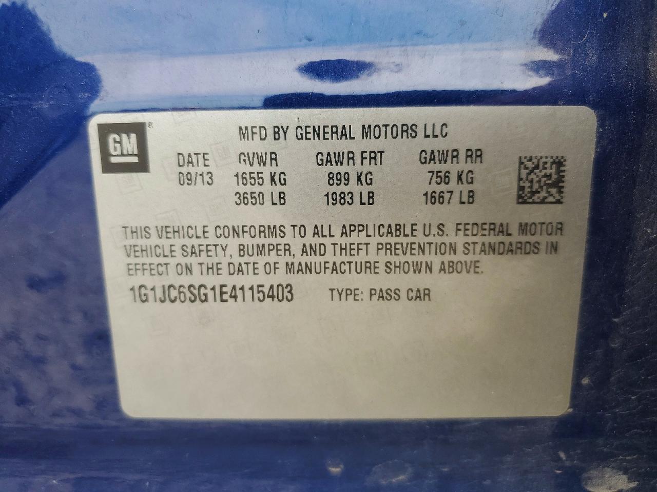 2014 Chevrolet Sonic Lt Blue vin: 1G1JC6SG1E4115403