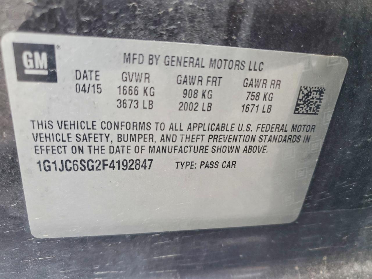 2015 Chevrolet Sonic Lt Charcoal vin: 1G1JC6SG2F4192847