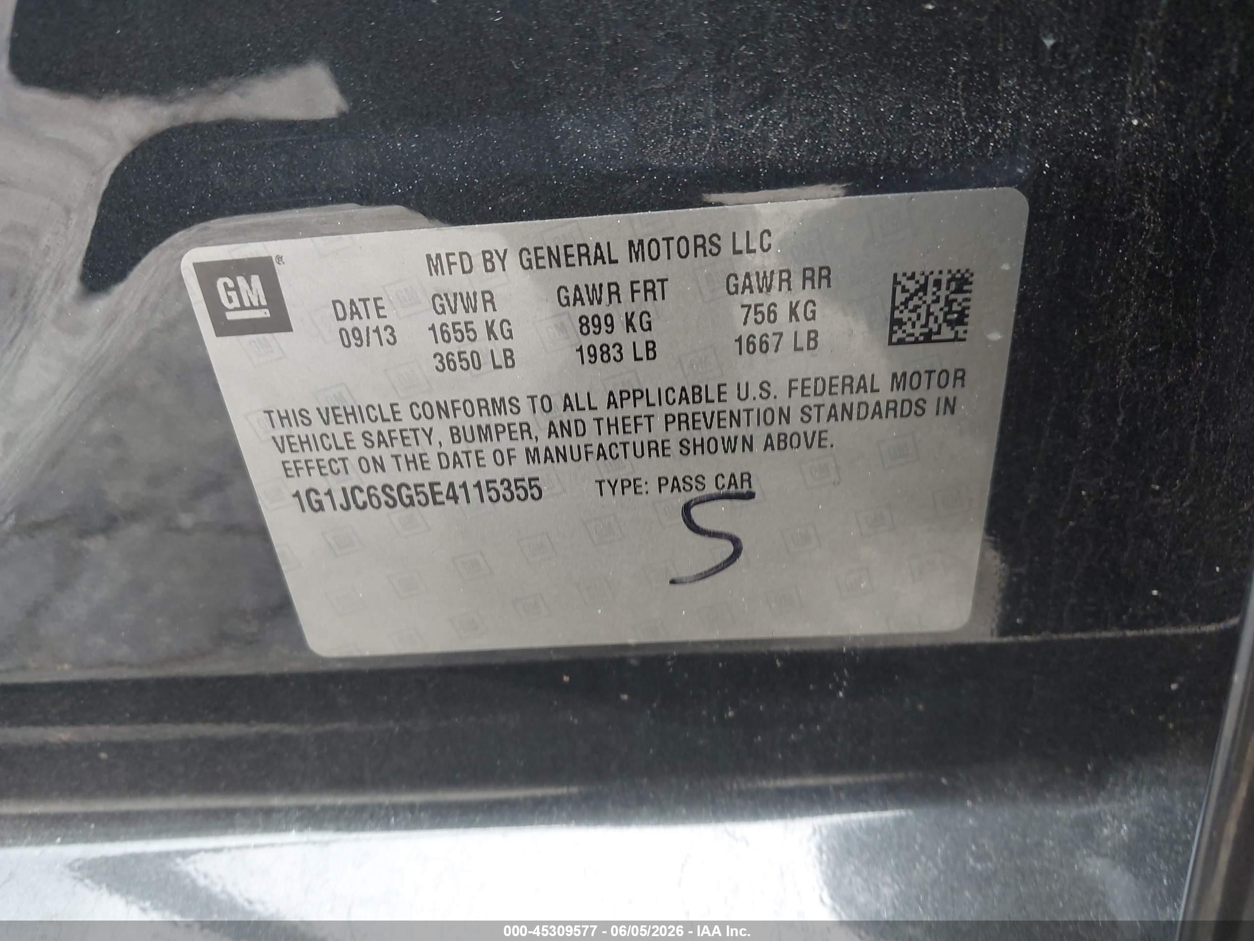2014 Chevrolet Sonic Lt Auto Black vin: 1G1JC6SG5E4115355