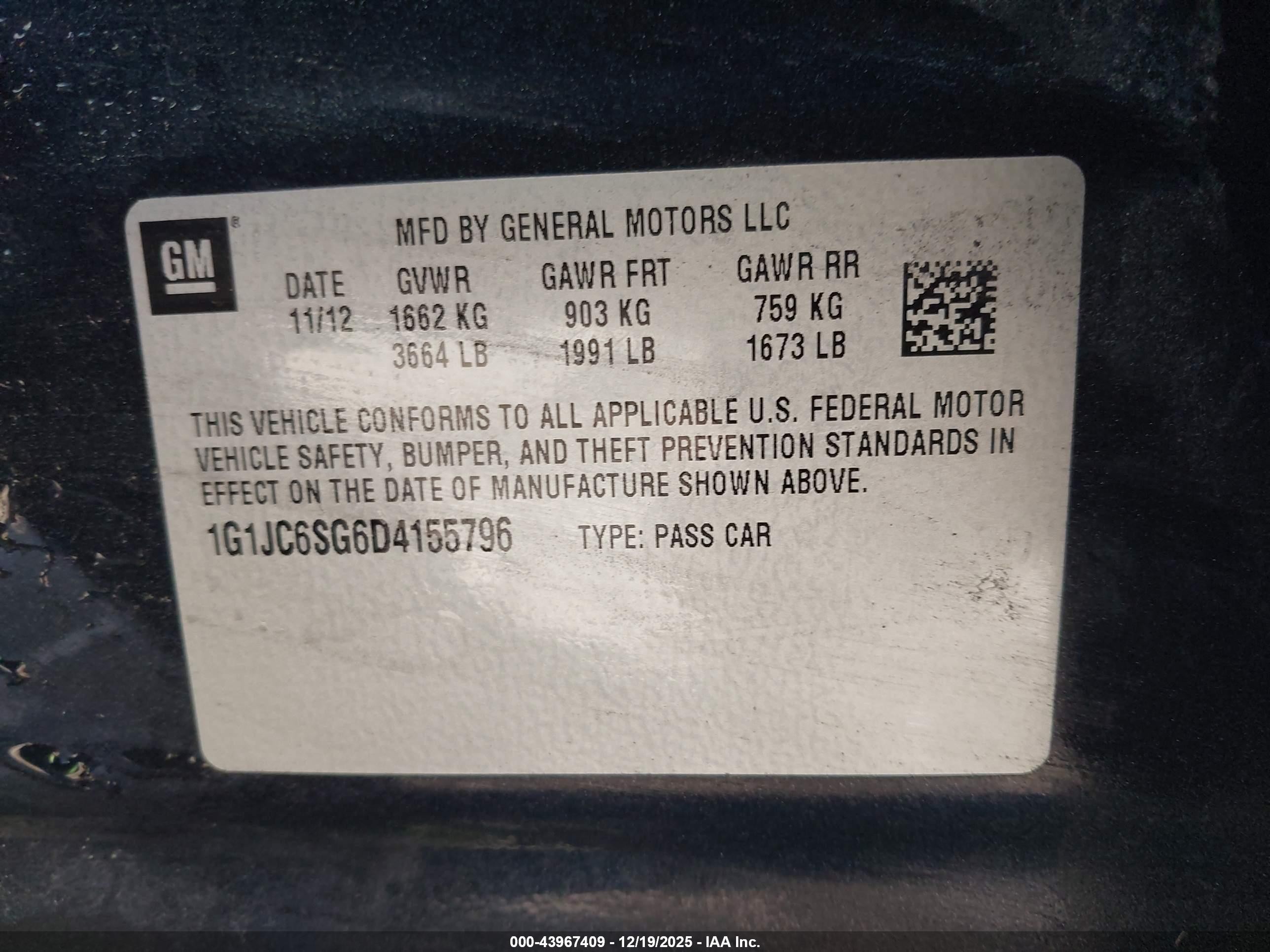 2013 Chevrolet Sonic Lt Auto Черный vin: 1G1JC6SG6D4155796