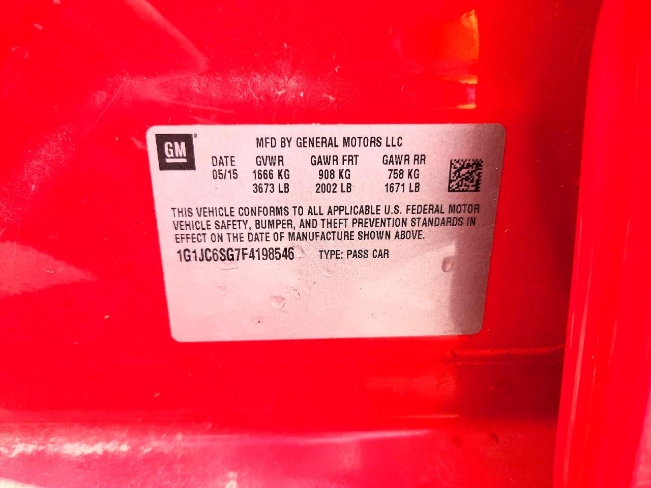 2015 Chevrolet Sonic Lt Red vin: 1G1JC6SG7F4198546
