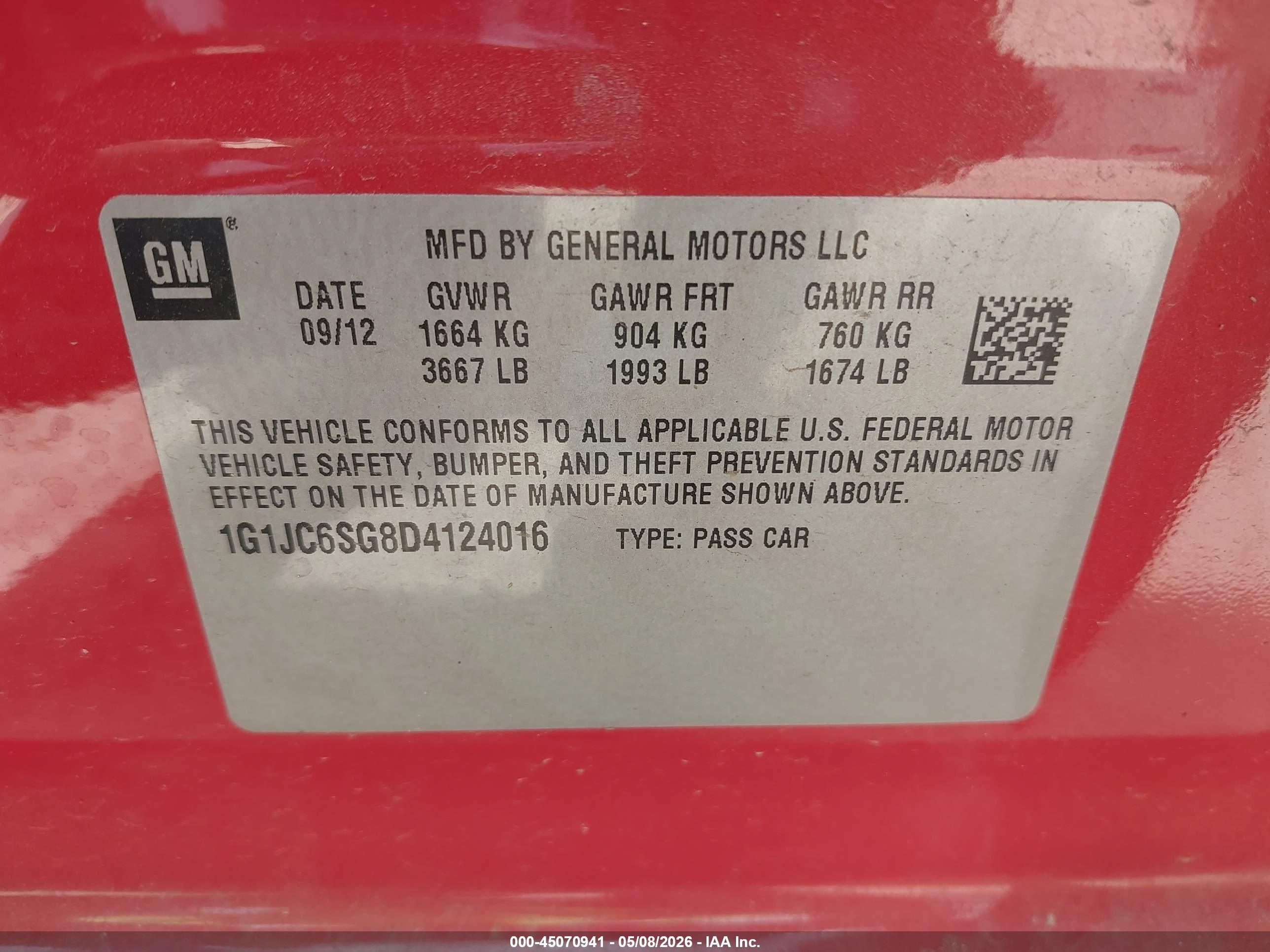 2013 Chevrolet Sonic Lt Auto Orange vin: 1G1JC6SG8D4124016