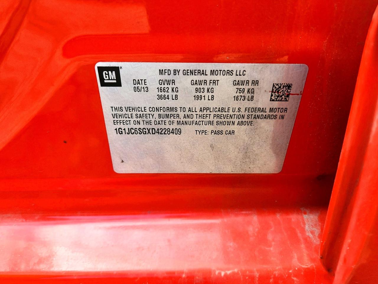 2013 Chevrolet Sonic Lt Orange vin: 1G1JC6SGXD4228409
