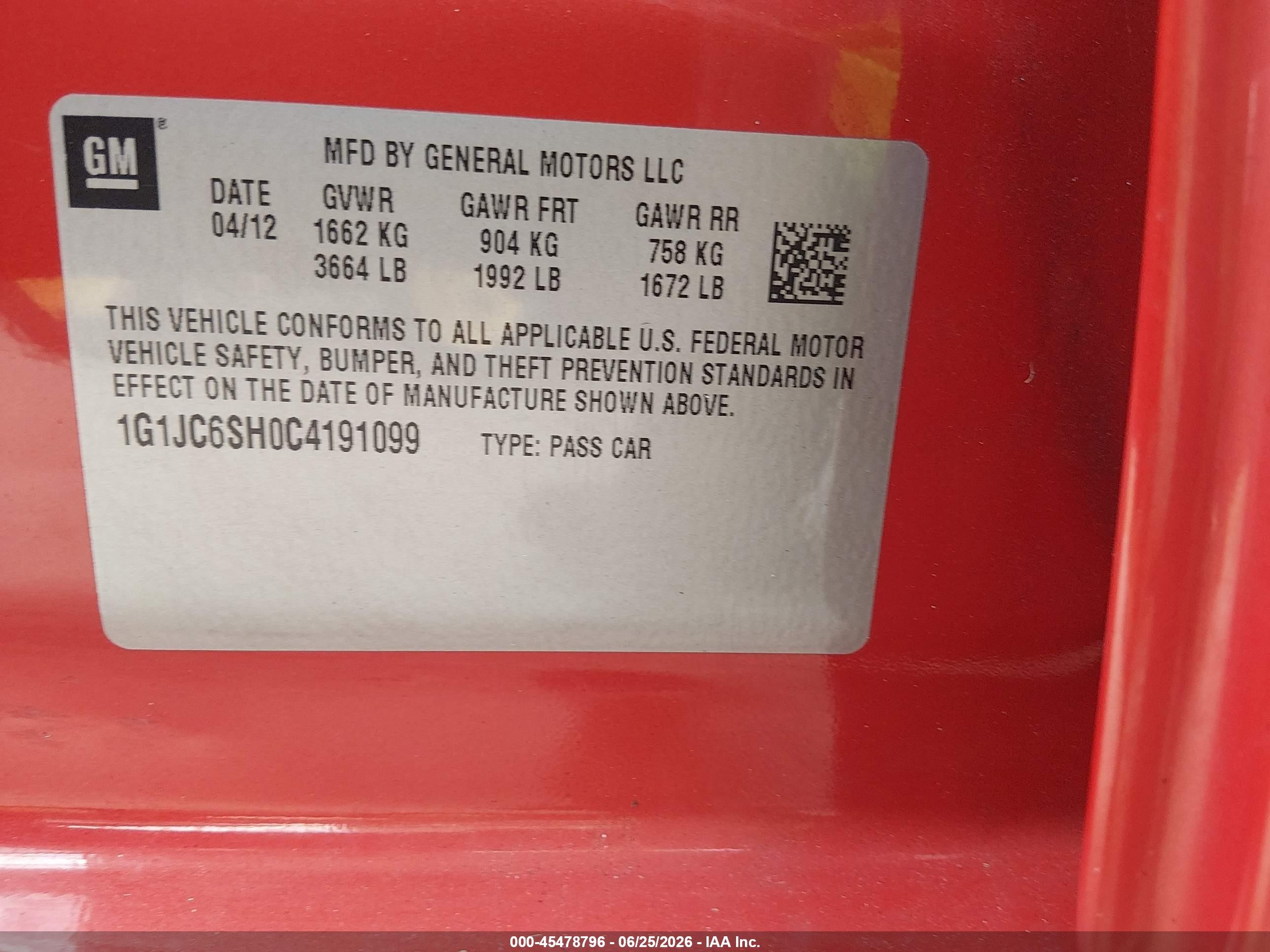 2012 Chevrolet Sonic 2lt Orange vin: 1G1JC6SH0C4191099