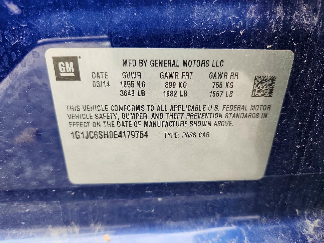 2014 Chevrolet Sonic Lt Blue vin: 1G1JC6SH0E4179764