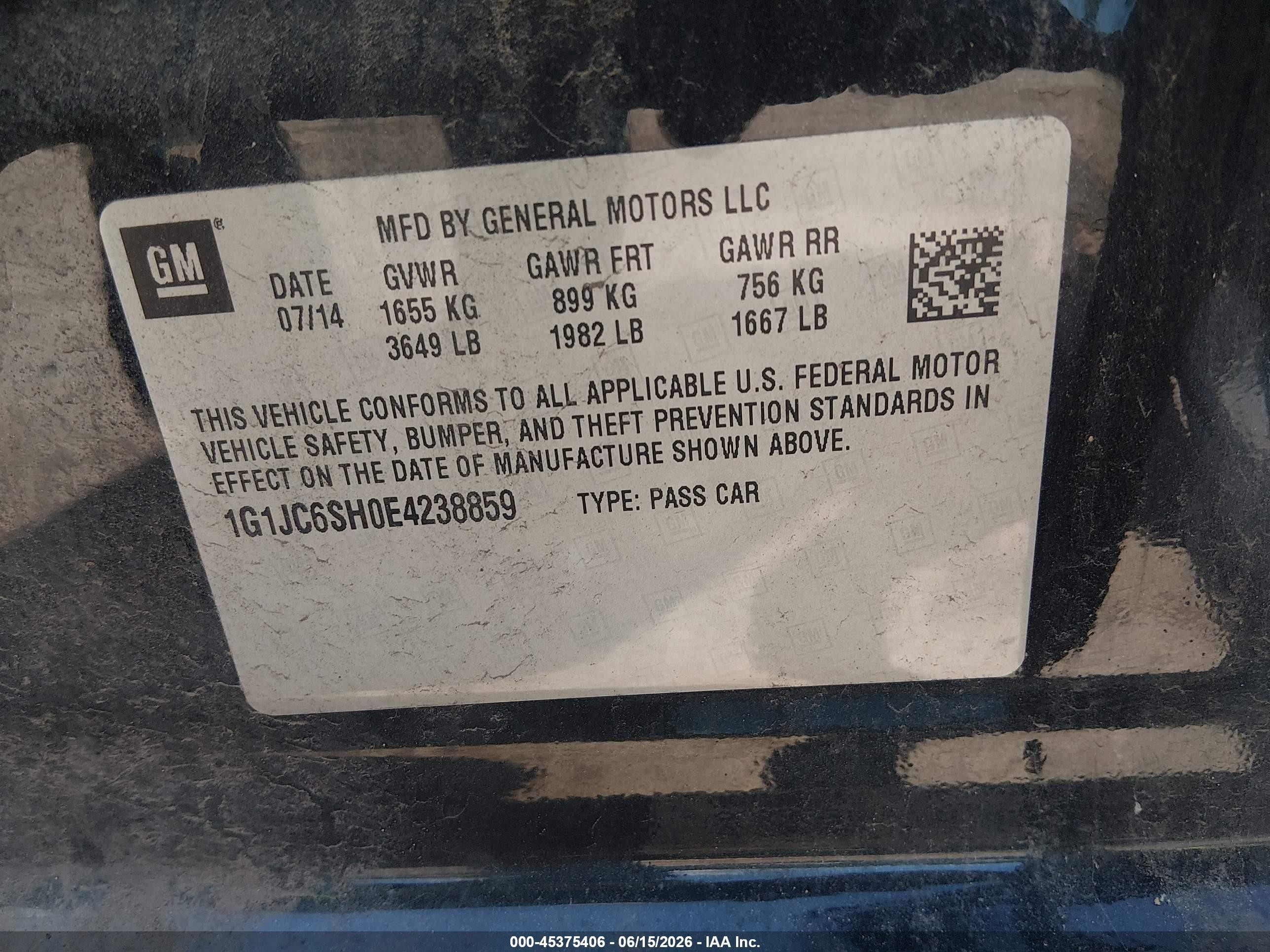 2014 Chevrolet Sonic Lt Auto Black vin: 1G1JC6SH0E4238859