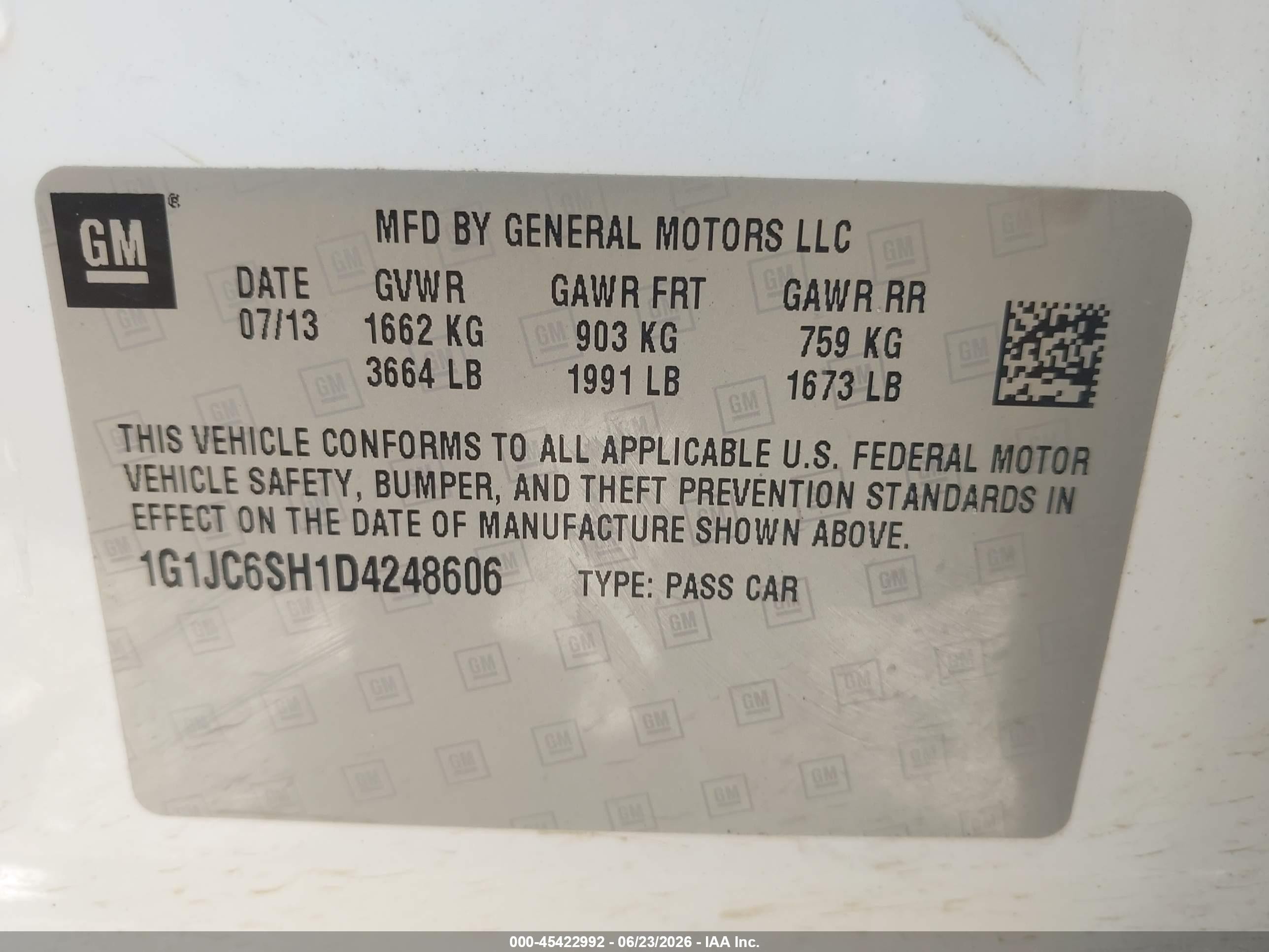 2013 Chevrolet Sonic Lt Auto White vin: 1G1JC6SH1D4248606