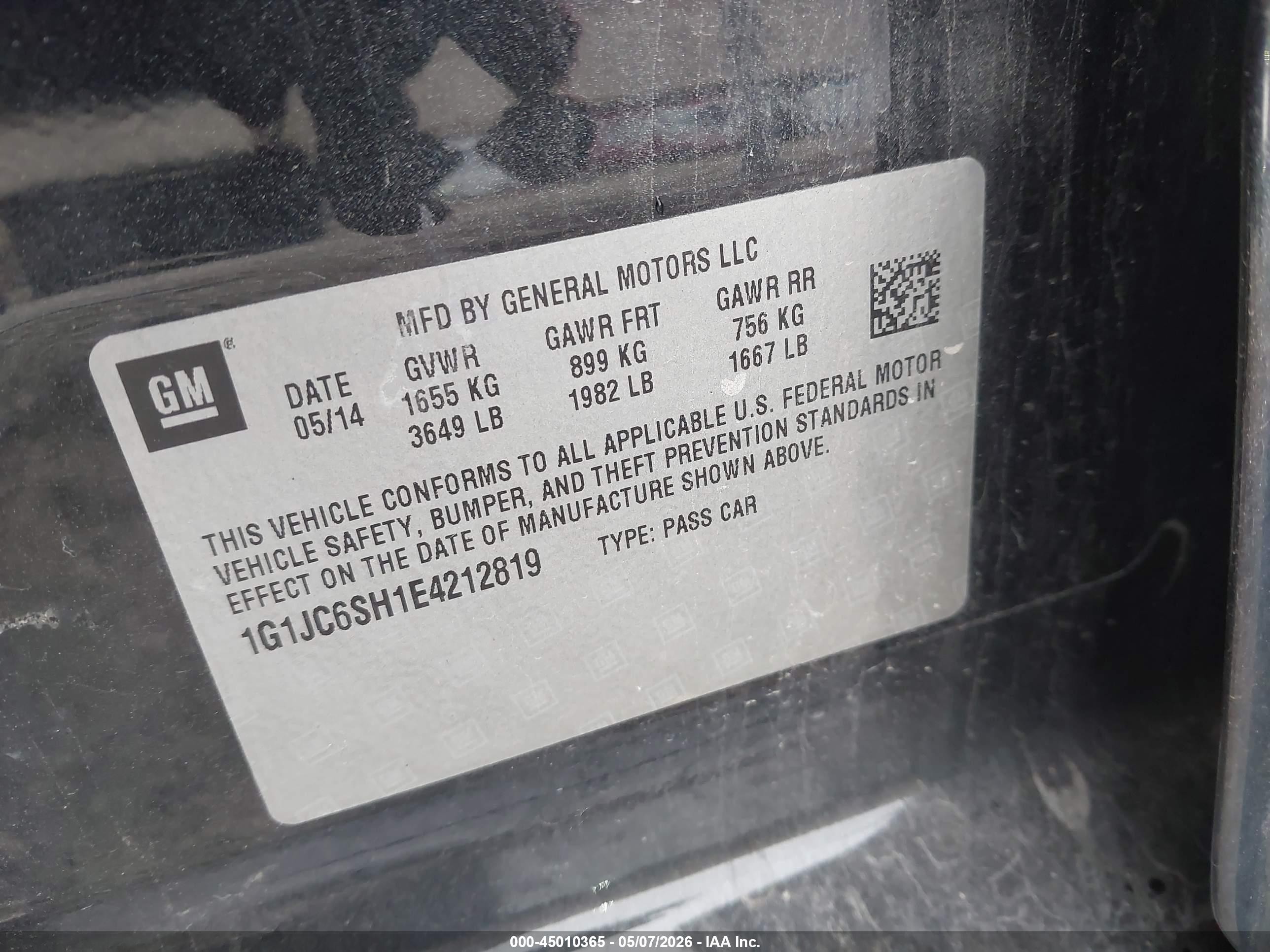 2014 Chevrolet Sonic Lt Auto Черный vin: 1G1JC6SH1E4212819