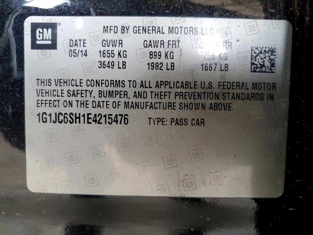 2014 Chevrolet Sonic Lt Black vin: 1G1JC6SH1E4215476