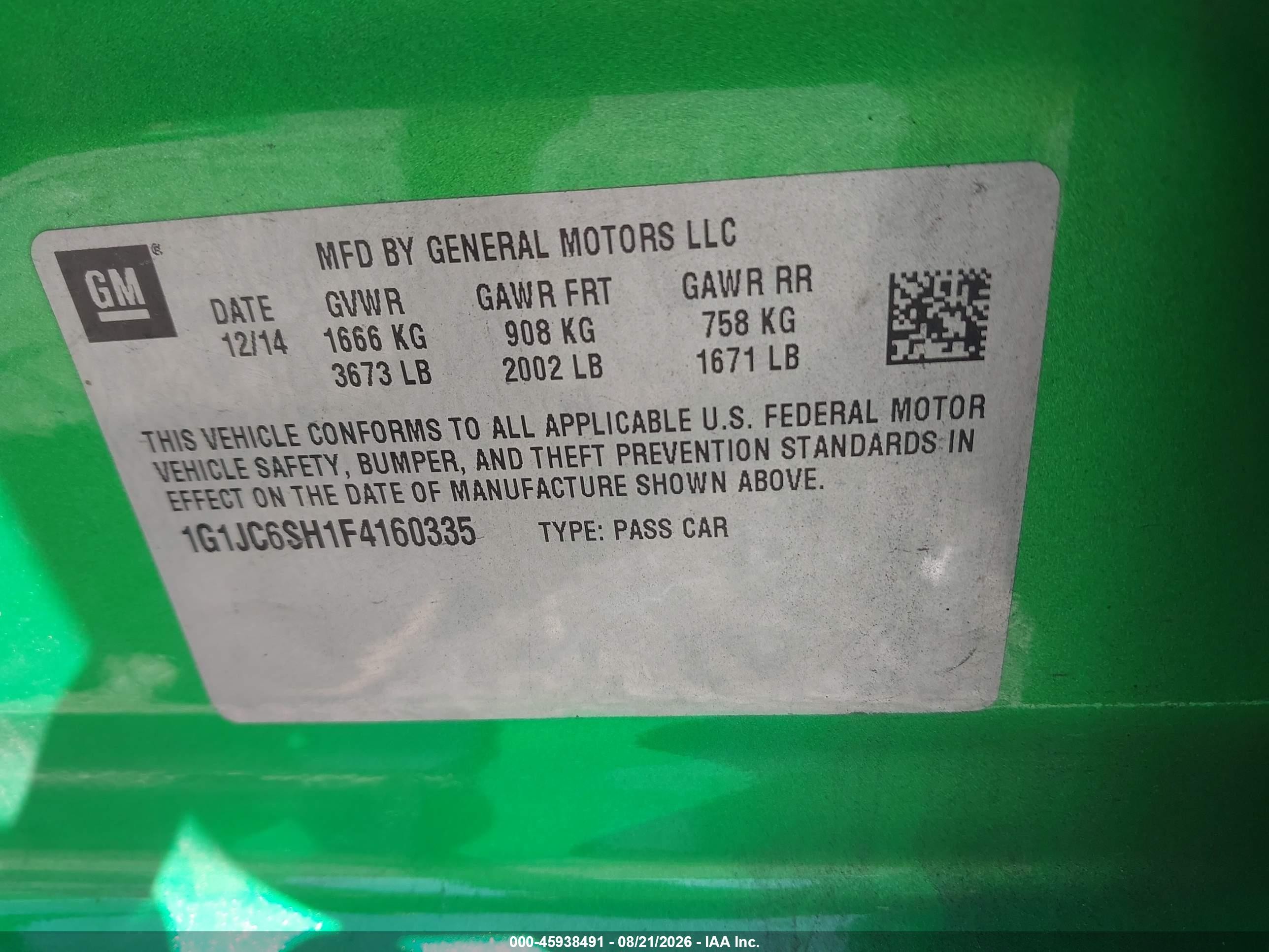 2015 Chevrolet Sonic Lt Auto Green vin: 1G1JC6SH1F4160335