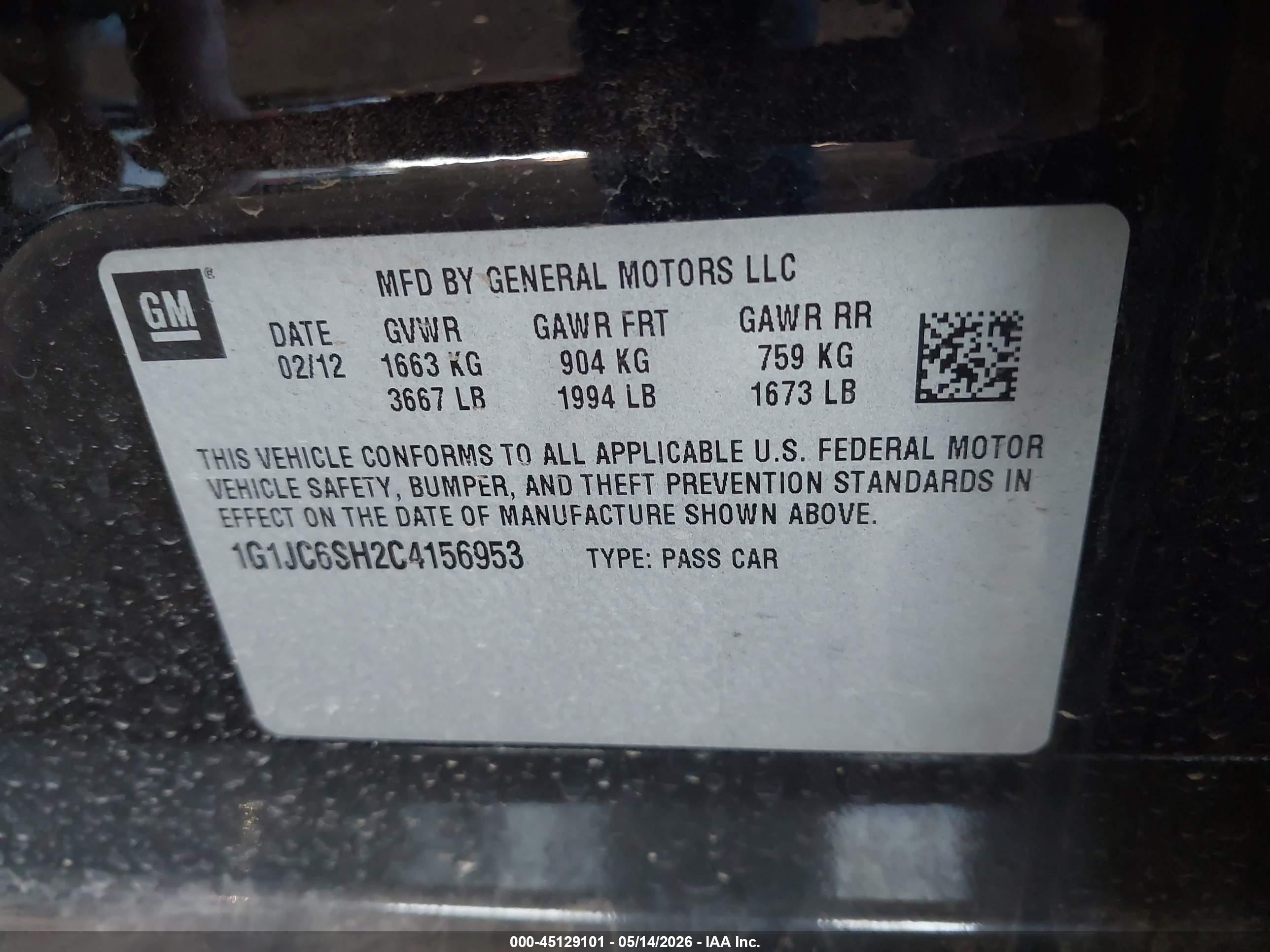 2012 Chevrolet Sonic 2lt Black vin: 1G1JC6SH2C4156953