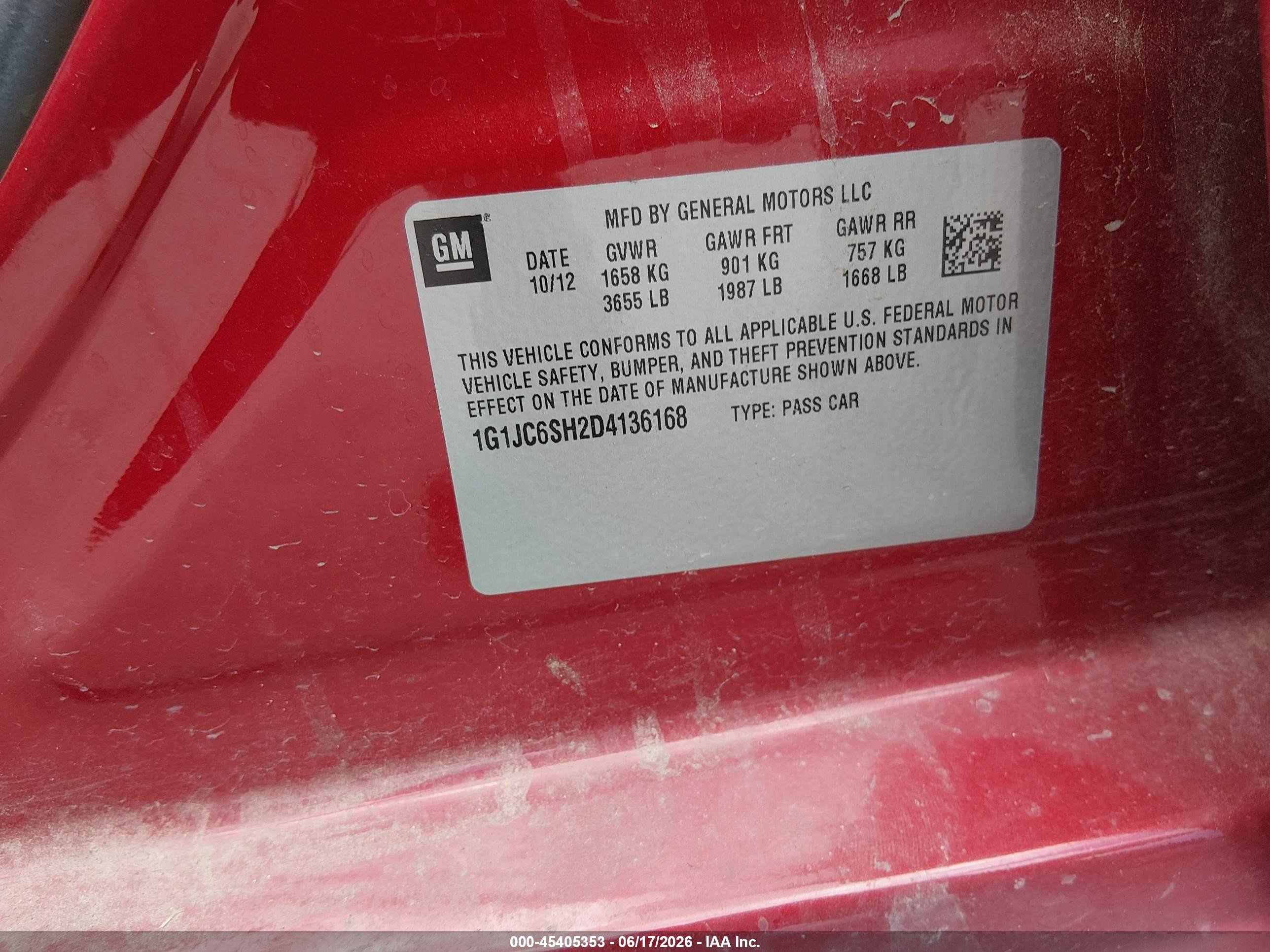 2013 Chevrolet Sonic Lt Auto Red vin: 1G1JC6SH2D4136168