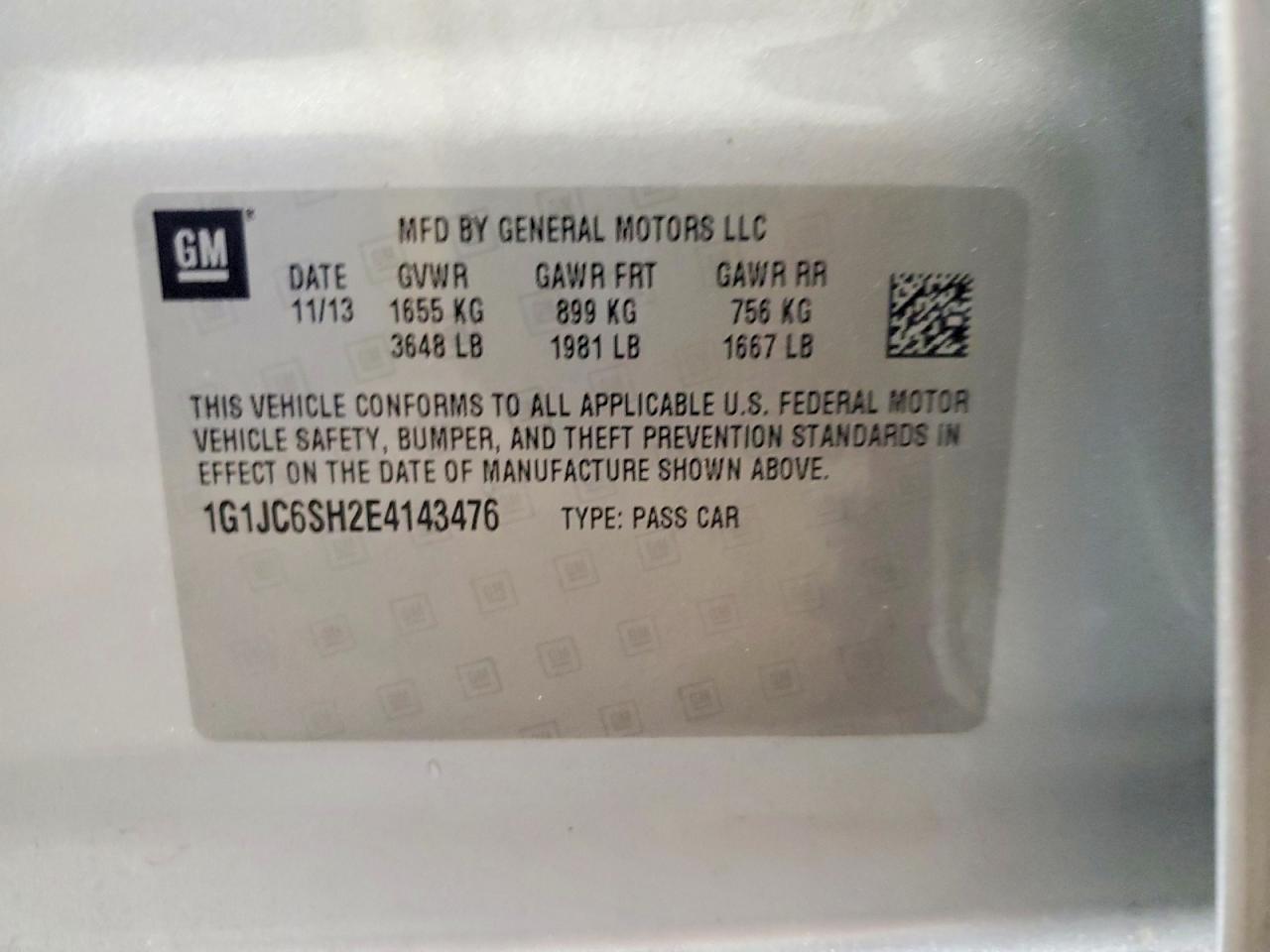 2014 Chevrolet Sonic Lt Серебряный vin: 1G1JC6SH2E4143476