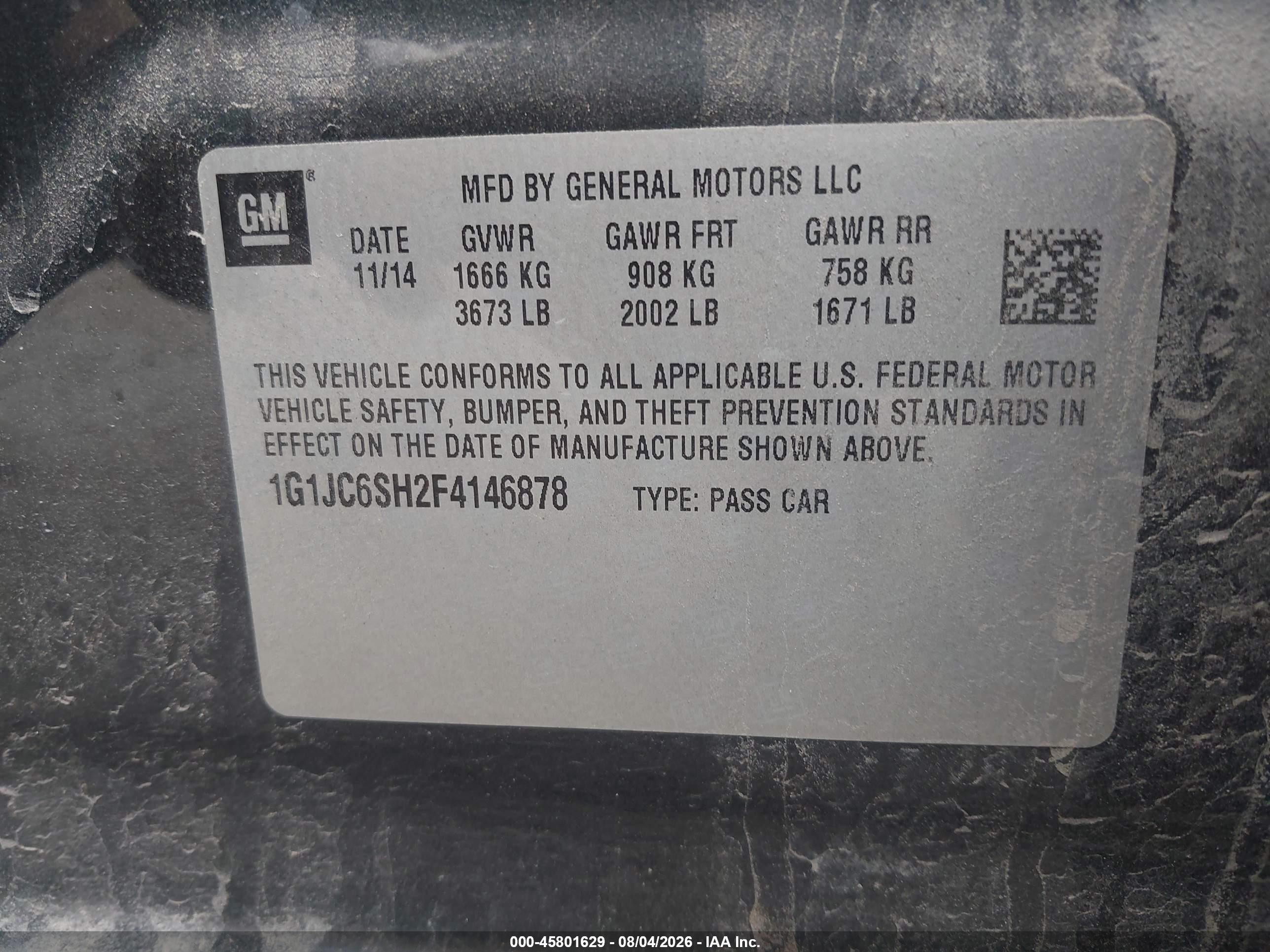 2015 Chevrolet Sonic Lt Auto Black vin: 1G1JC6SH2F4146878