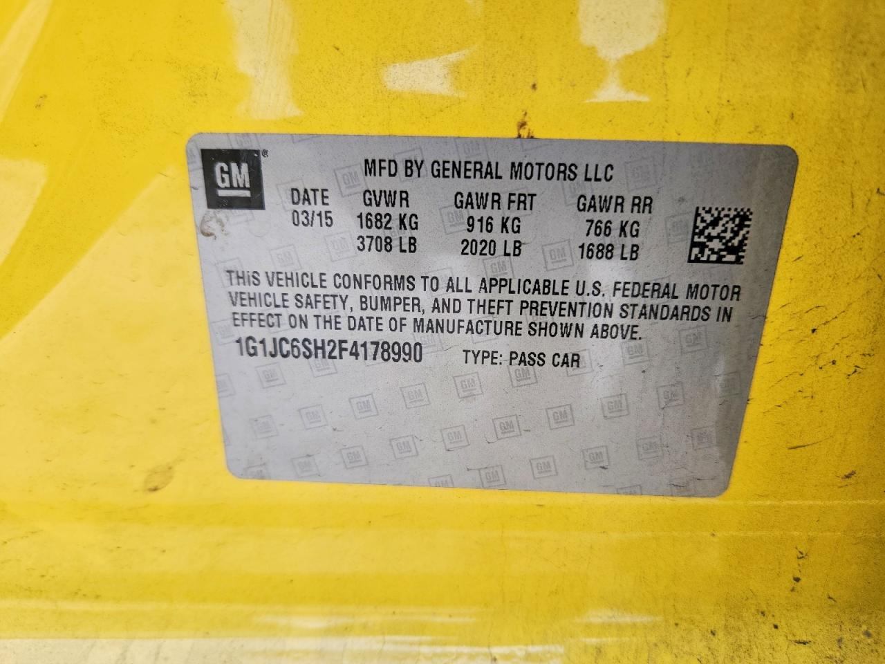 2015 Chevrolet Sonic Lt Yellow vin: 1G1JC6SH2F4178990