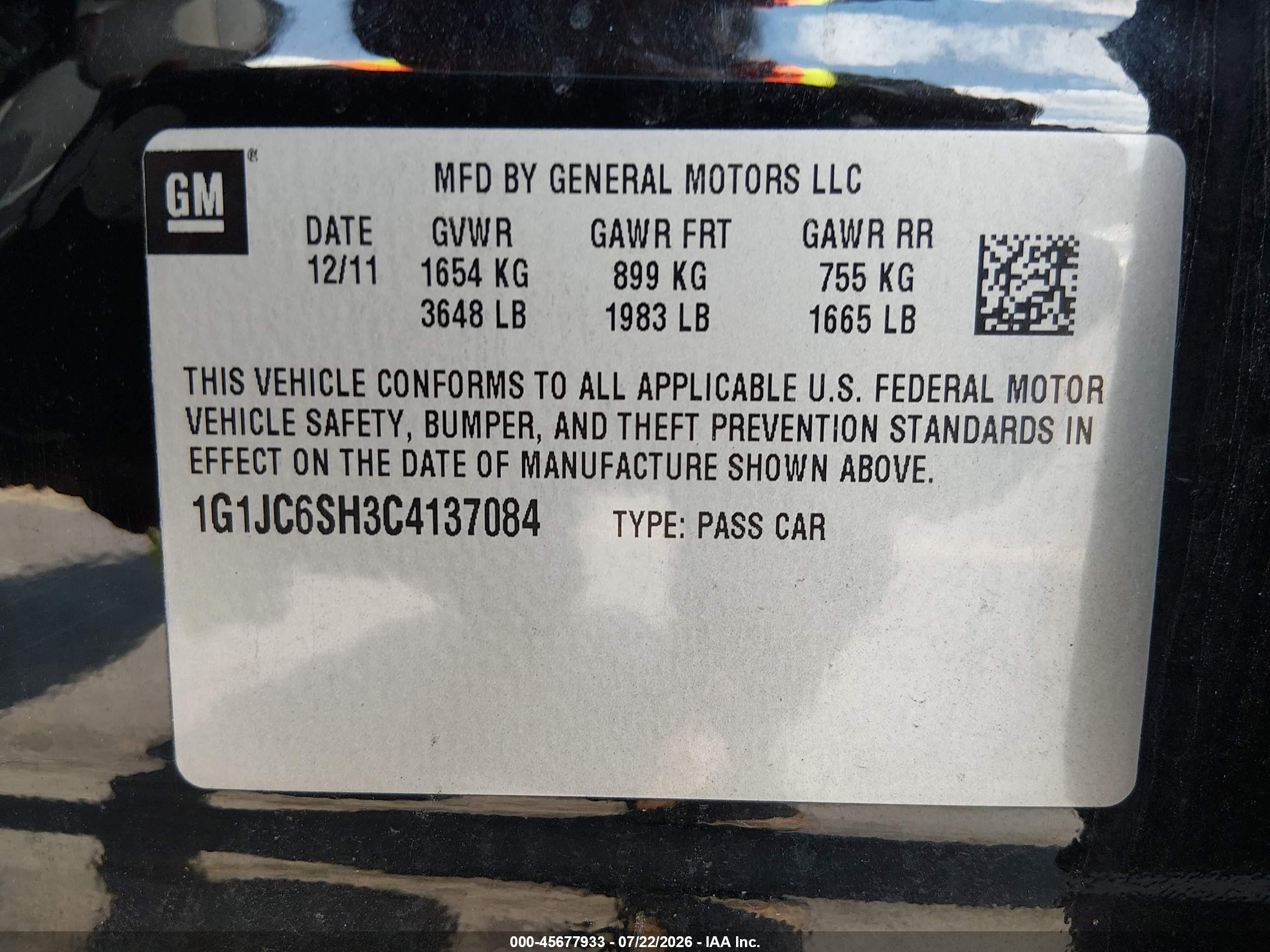 2012 Chevrolet Sonic 2lt Black vin: 1G1JC6SH3C4137084