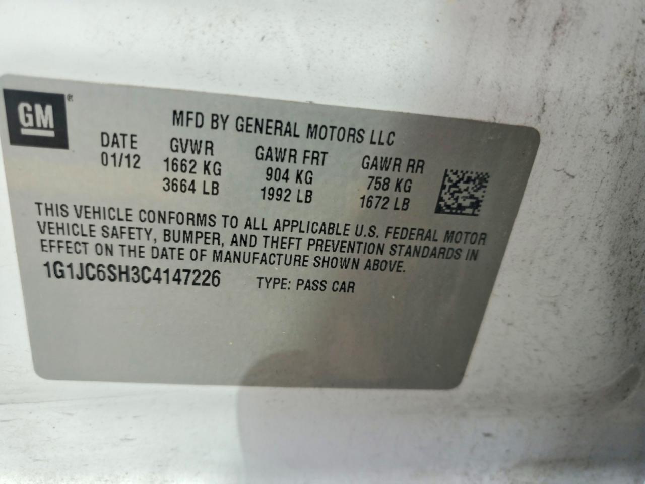 2012 Chevrolet Sonic Lt White vin: 1G1JC6SH3C4147226