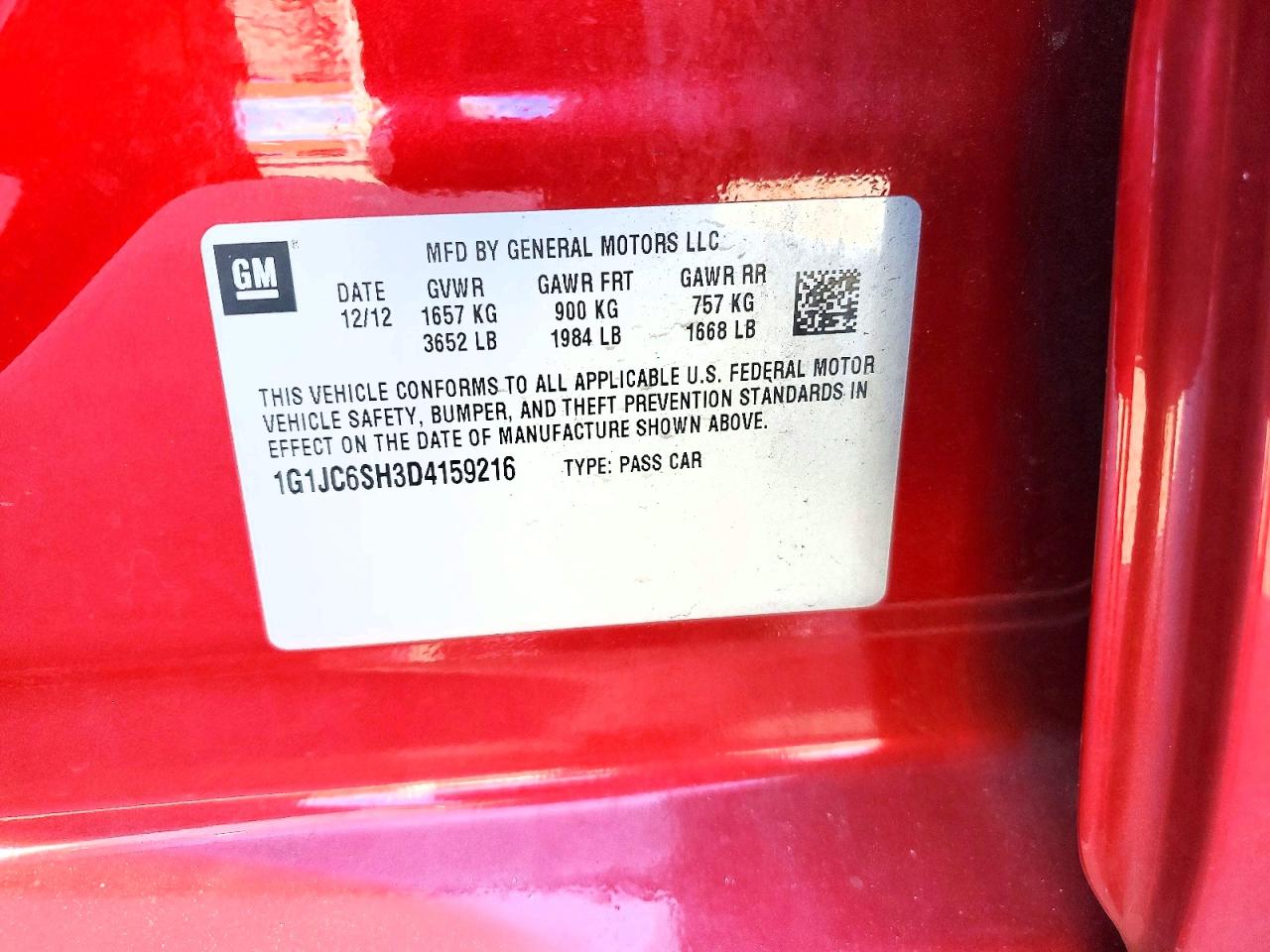 2013 Chevrolet Sonic Lt Red vin: 1G1JC6SH3D4159216