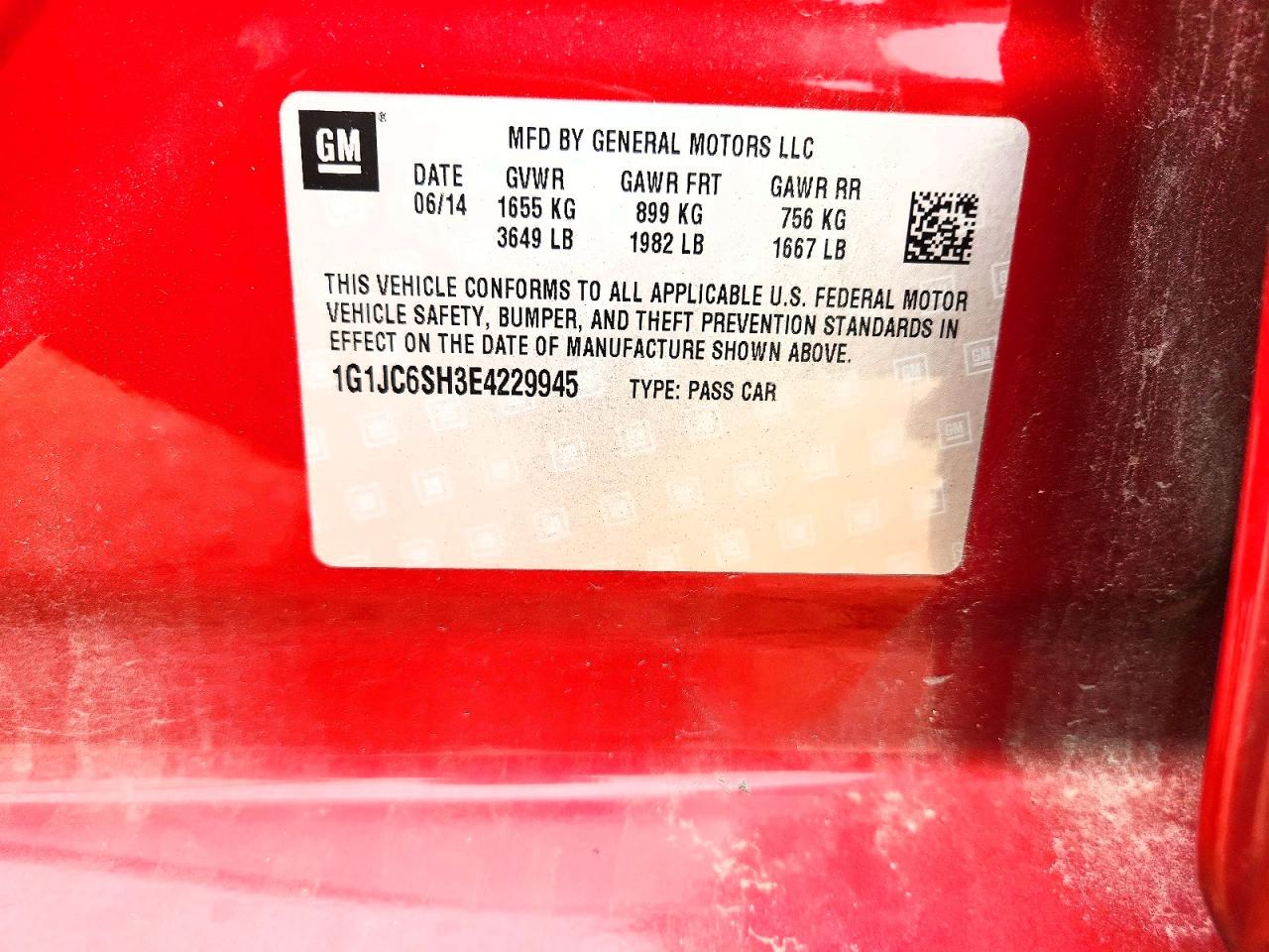 2014 Chevrolet Sonic Lt Red vin: 1G1JC6SH3E4229945