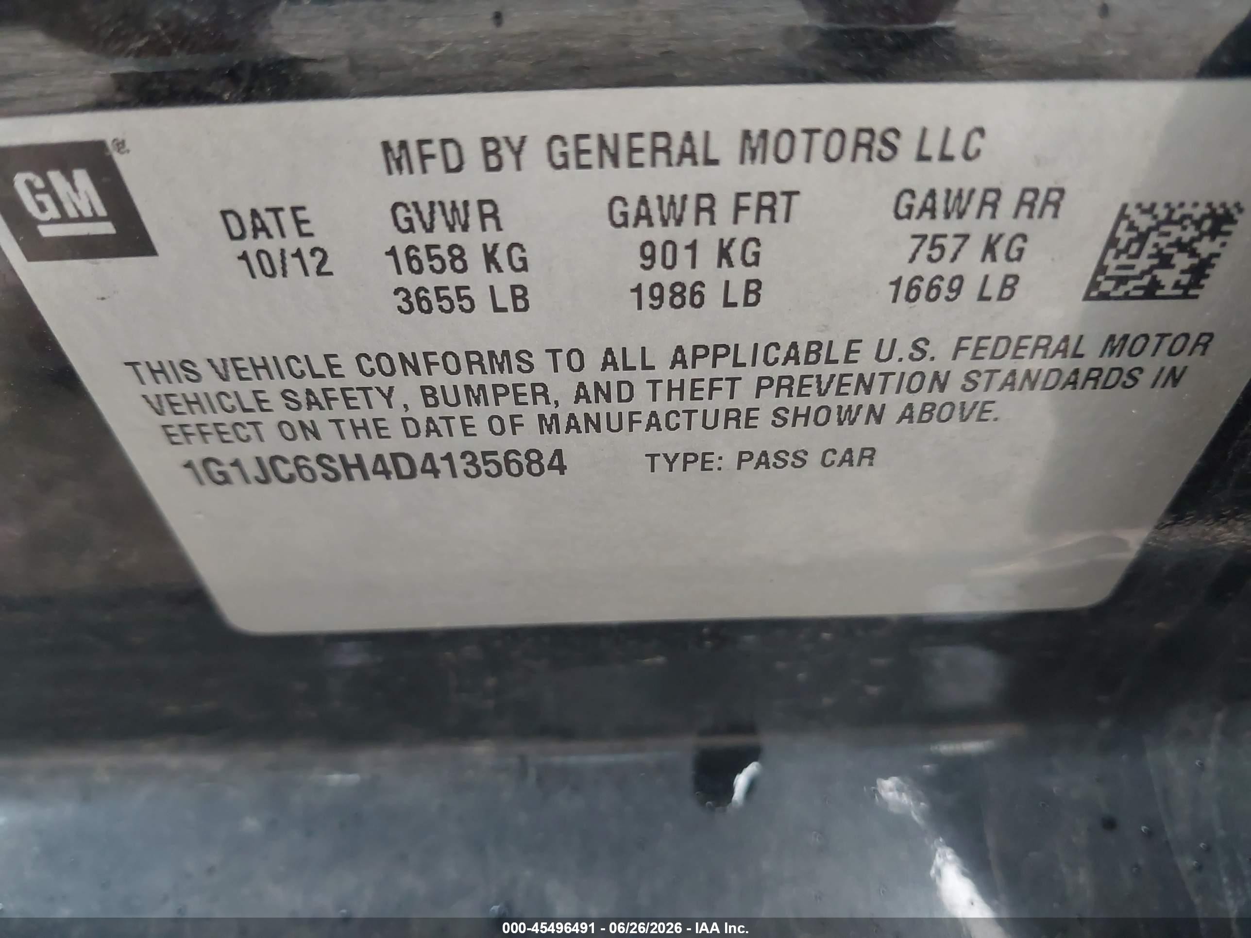 2013 Chevrolet Sonic Lt Auto Black vin: 1G1JC6SH4D4135684