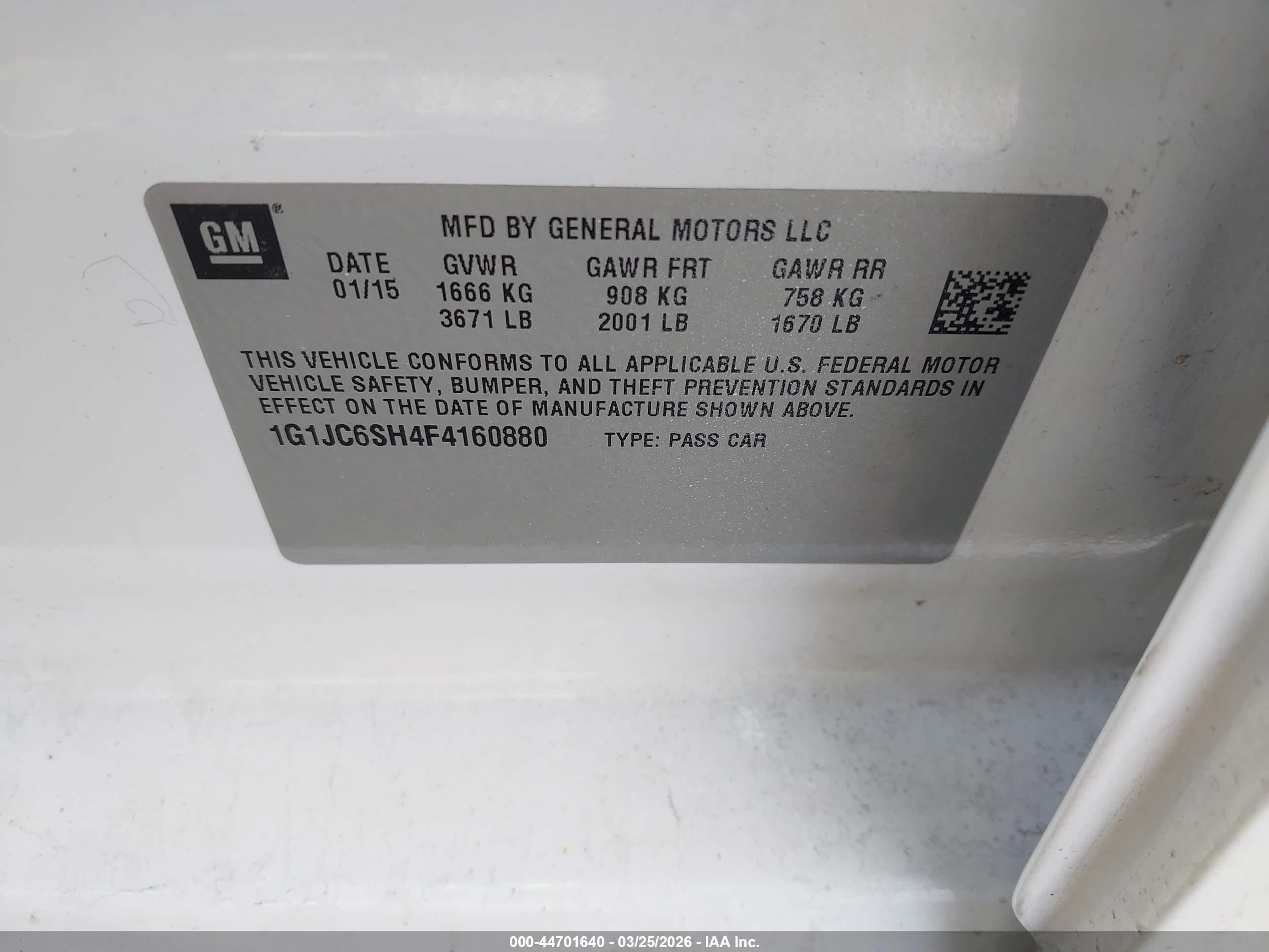 2015 Chevrolet Sonic Lt Auto White vin: 1G1JC6SH4F4160880