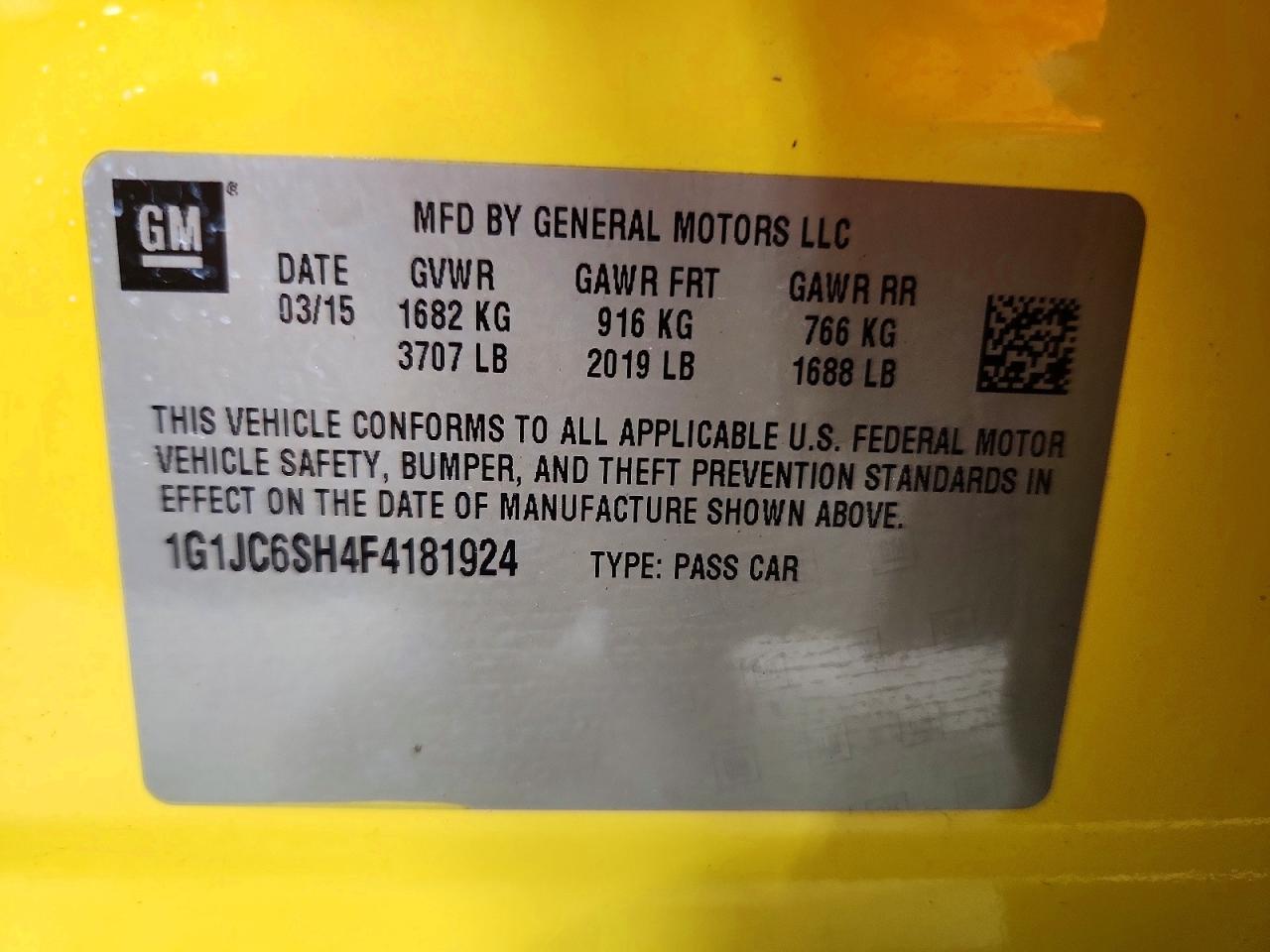 2015 Chevrolet Sonic Lt Yellow vin: 1G1JC6SH4F4181924