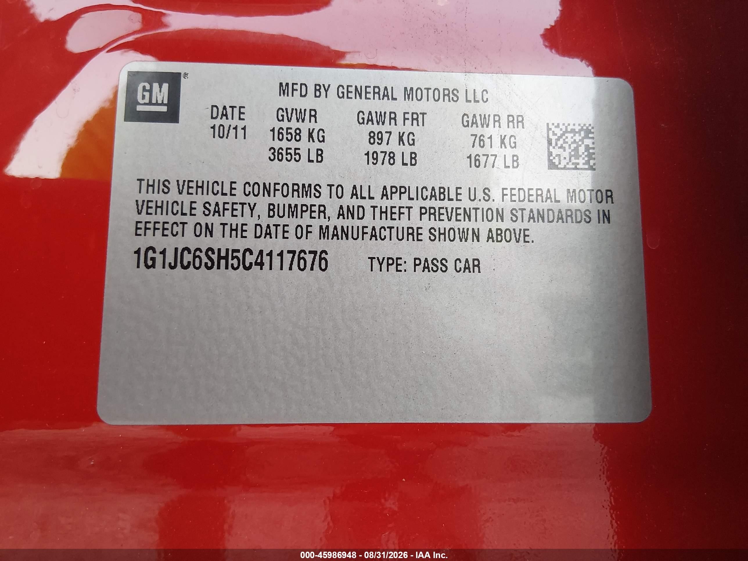 2012 Chevrolet Sonic 2lt Красный vin: 1G1JC6SH5C4117676