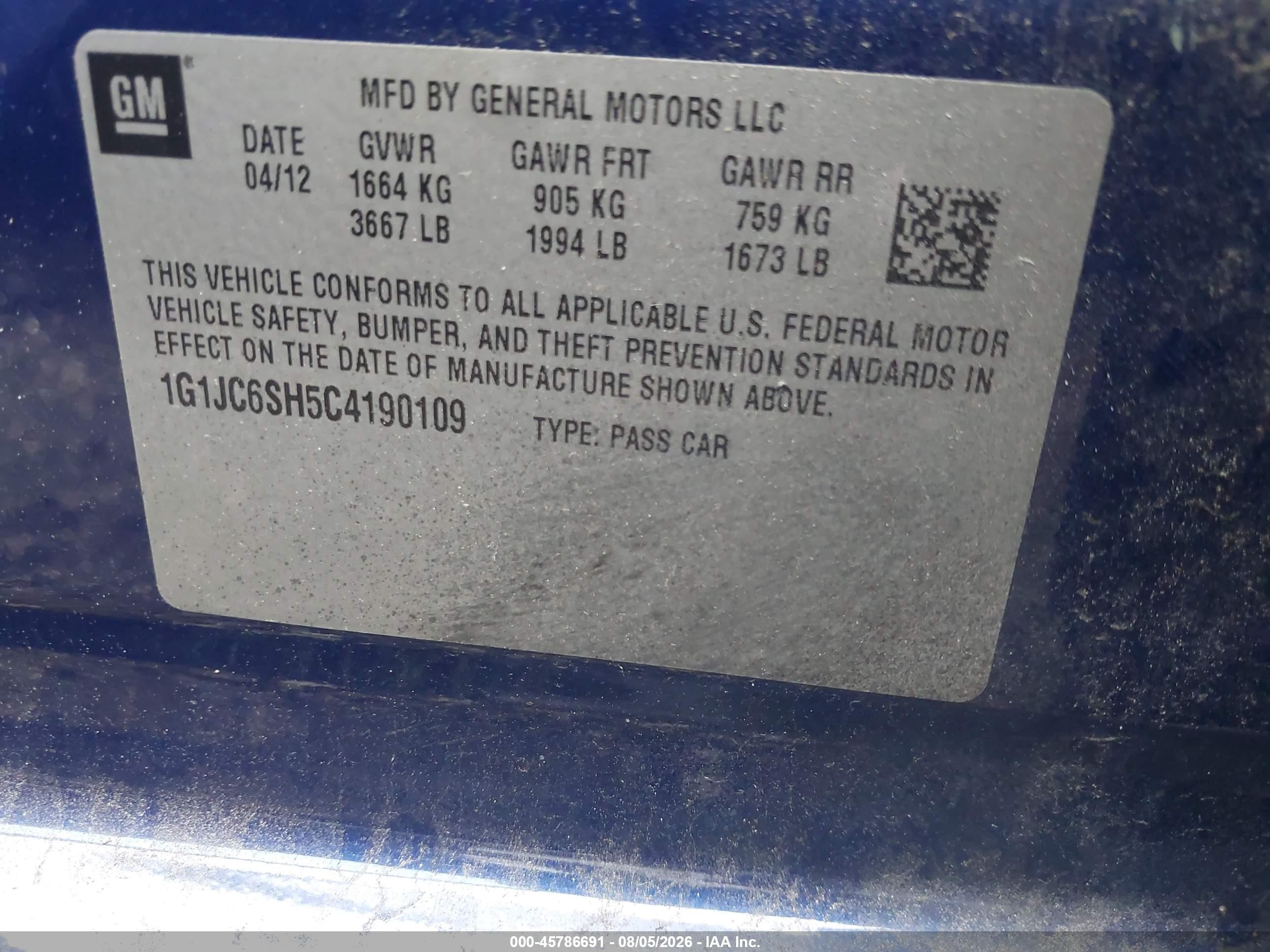 2012 Chevrolet Sonic 2lt Blue vin: 1G1JC6SH5C4190109