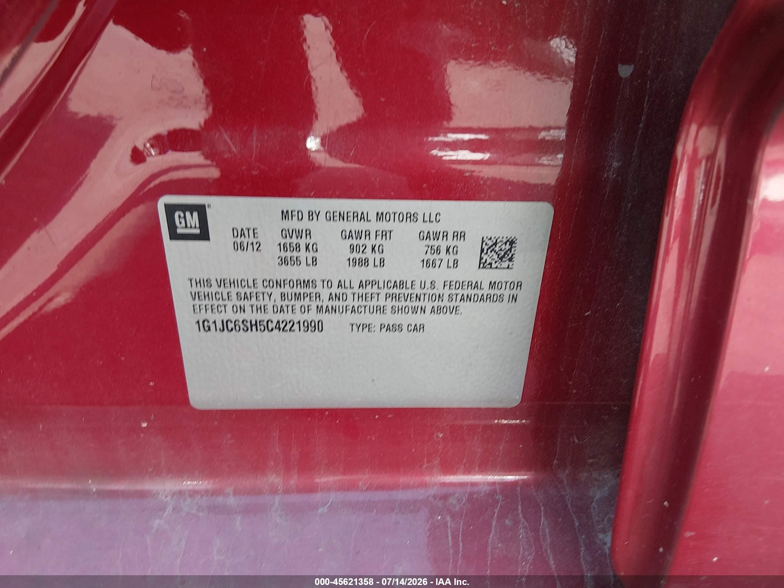 2012 Chevrolet Sonic 2lt Red vin: 1G1JC6SH5C4221990