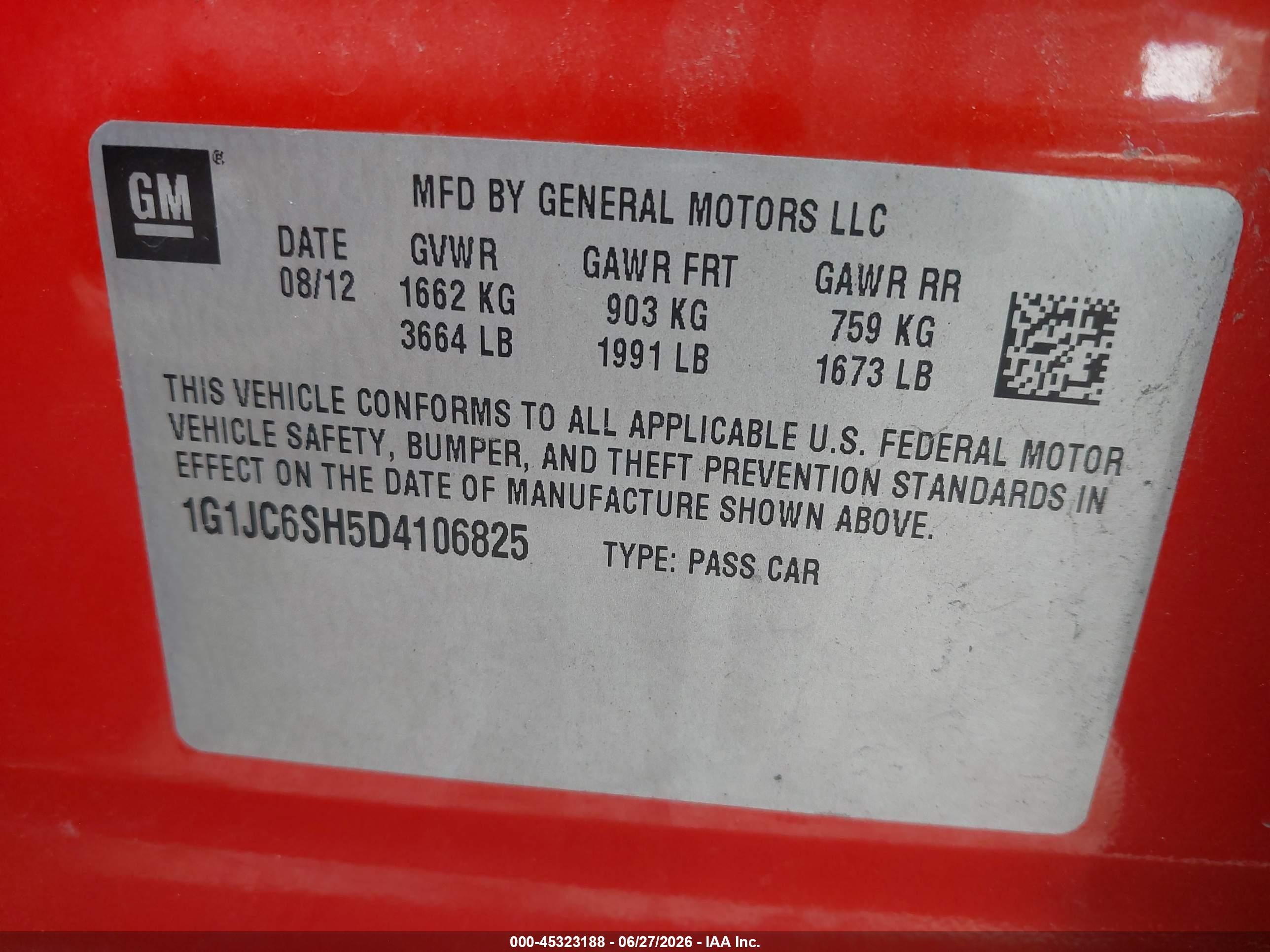 2013 Chevrolet Sonic Lt Auto Orange vin: 1G1JC6SH5D4106825