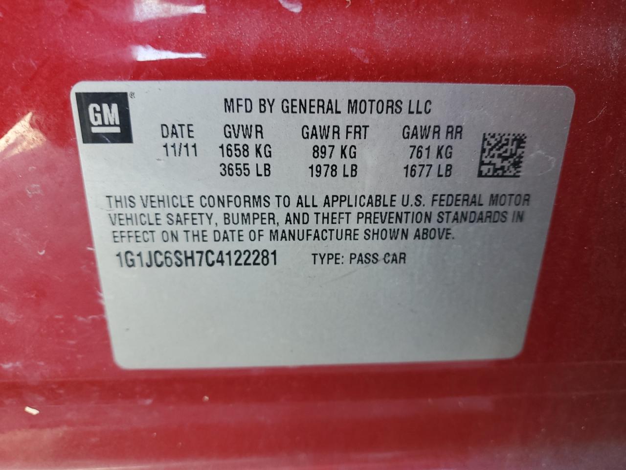 2012 Chevrolet Sonic Lt Red vin: 1G1JC6SH7C4122281