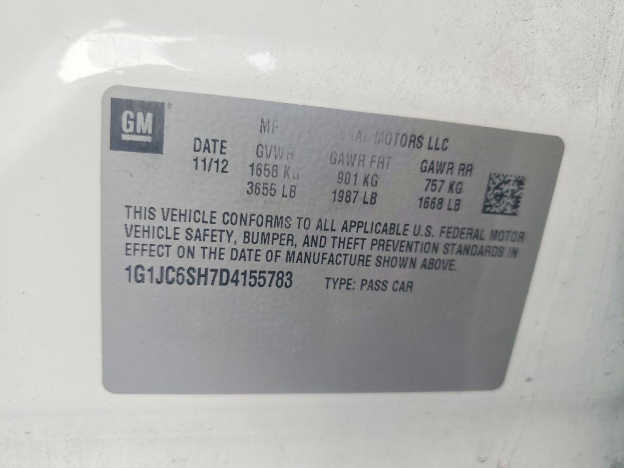 2013 Chevrolet Sonic Lt White vin: 1G1JC6SH7D4155783