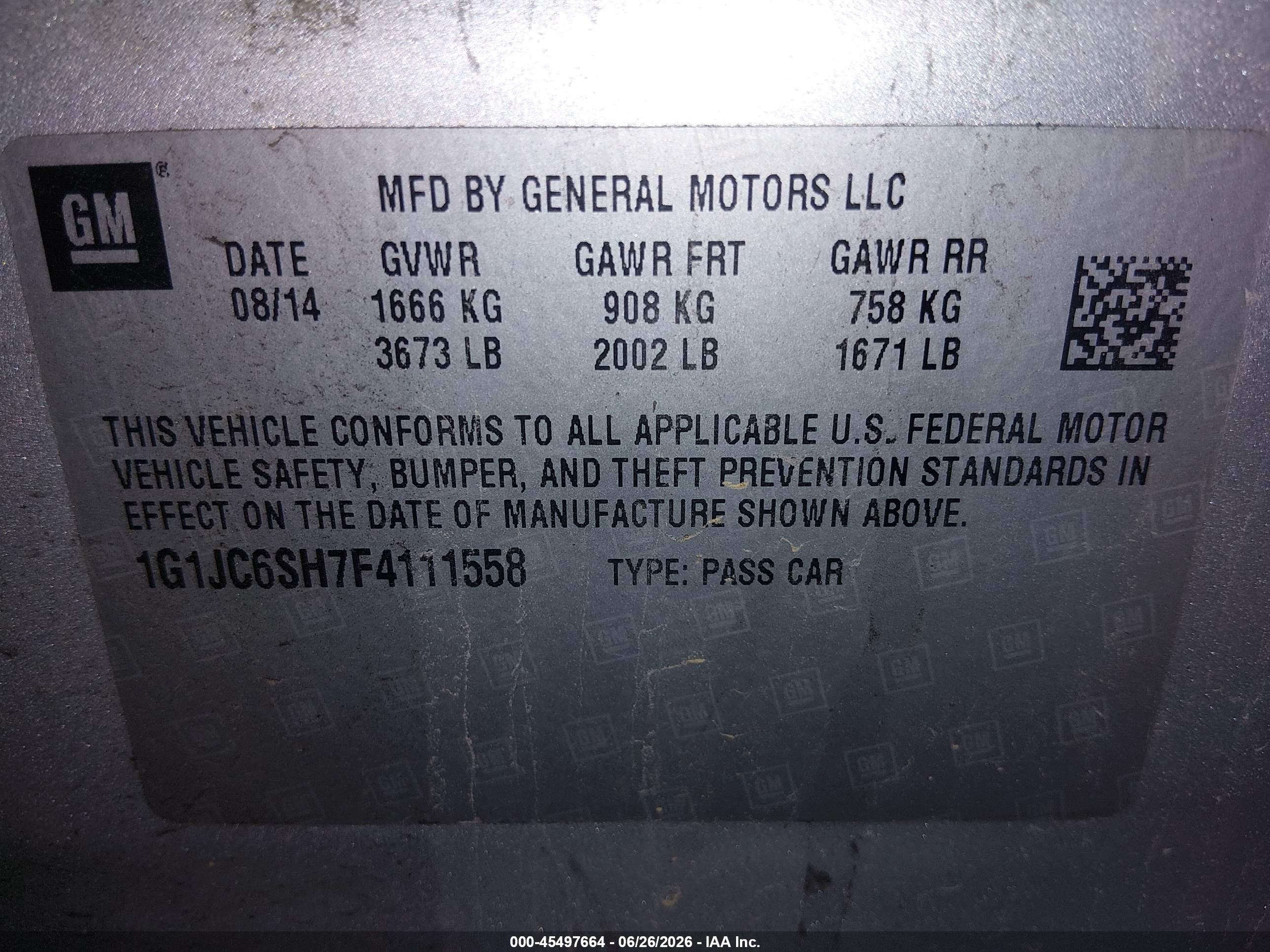 2015 Chevrolet Sonic Lt Auto Silver vin: 1G1JC6SH7F4111558