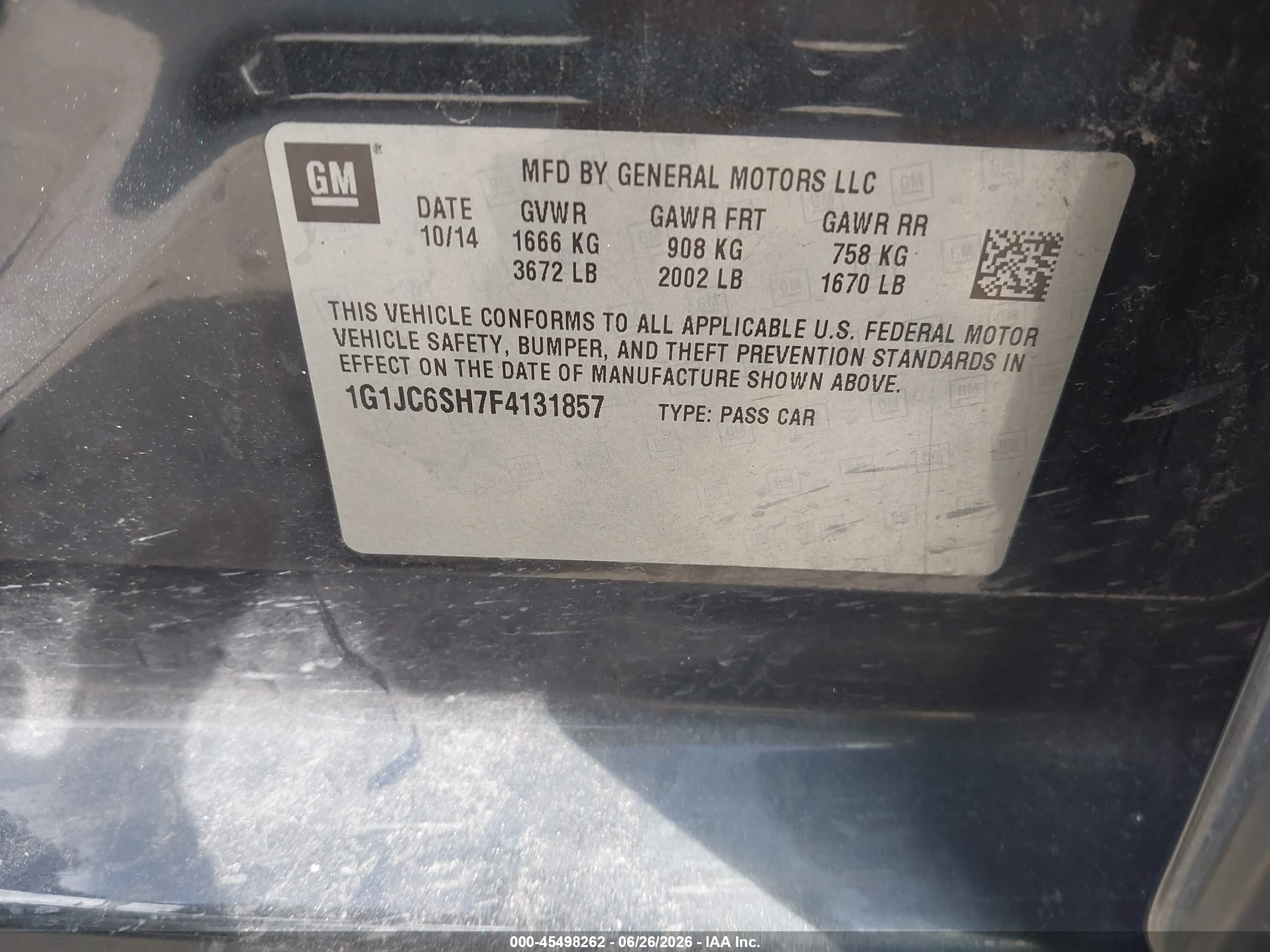 2015 Chevrolet Sonic Lt Auto Черный vin: 1G1JC6SH7F4131857