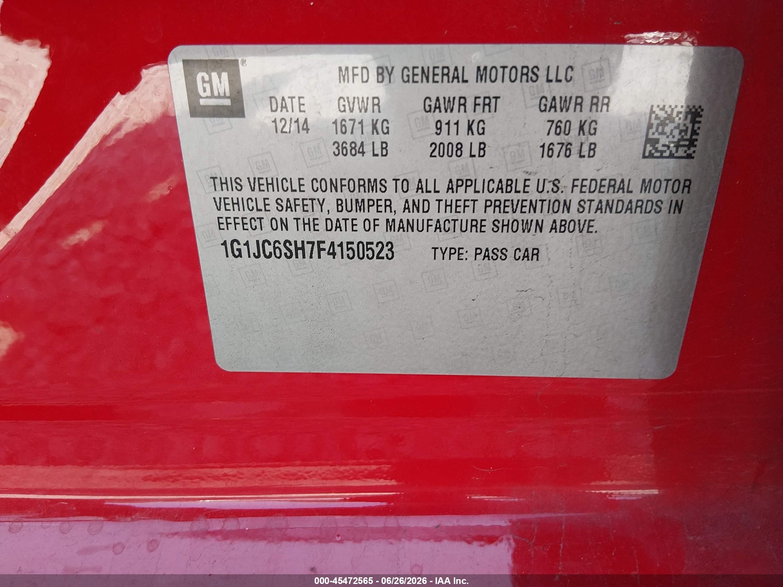 2015 Chevrolet Sonic Lt Auto Red vin: 1G1JC6SH7F4150523