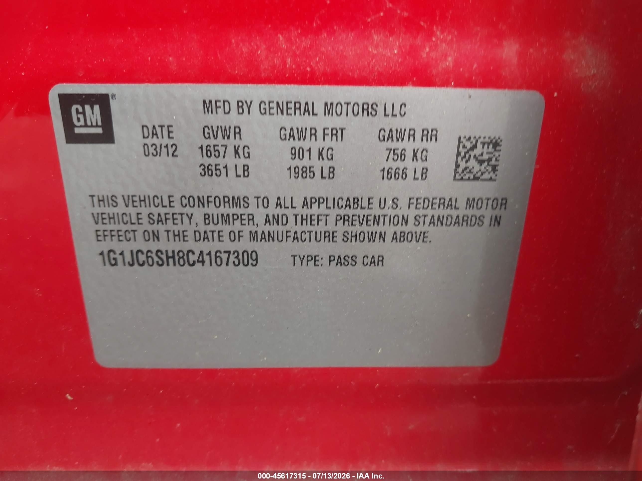 2012 Chevrolet Sonic 2lt Red vin: 1G1JC6SH8C4167309