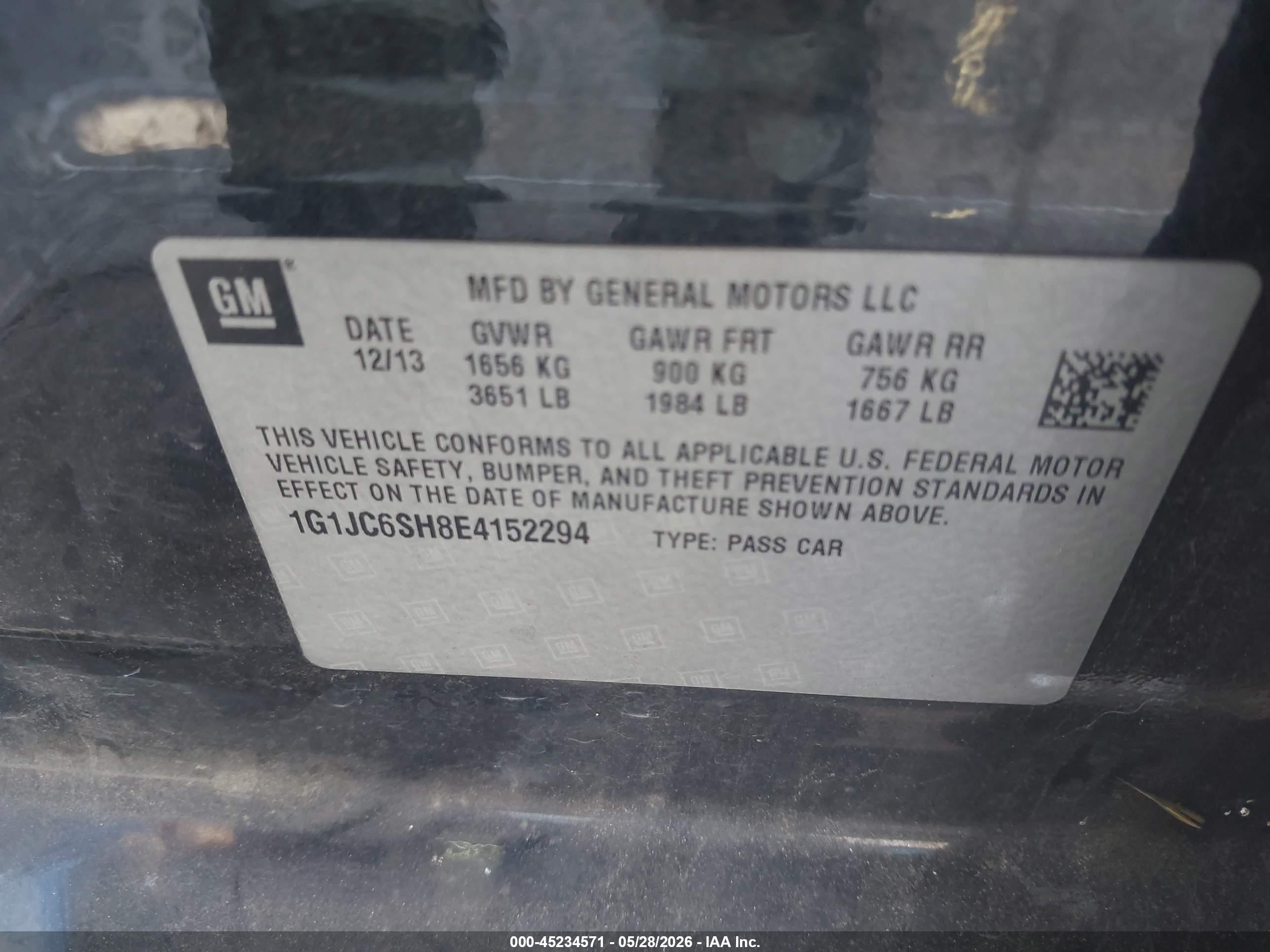 2014 Chevrolet Sonic Lt Auto Black vin: 1G1JC6SH8E4152294