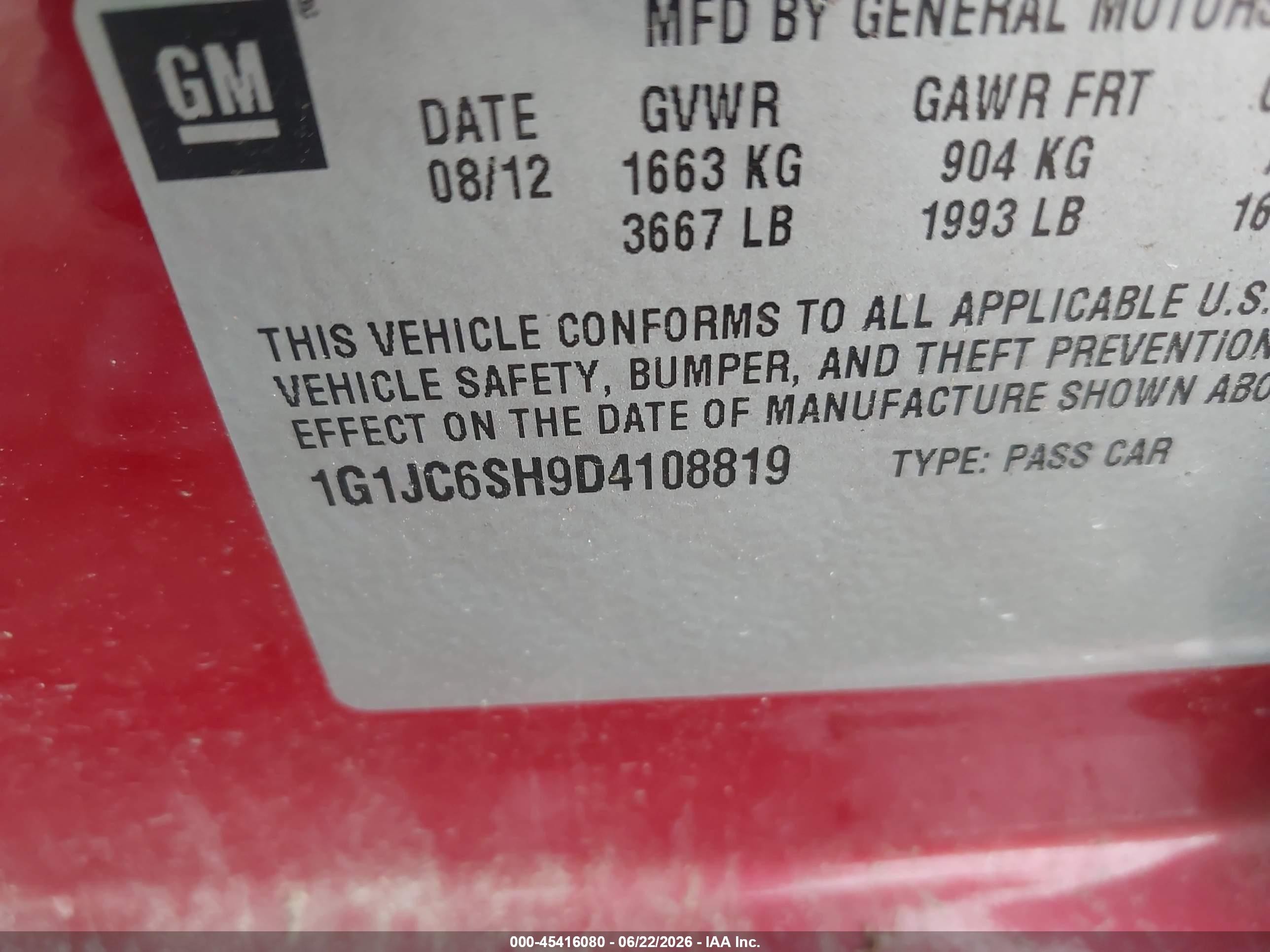2013 Chevrolet Sonic Lt Auto Красный vin: 1G1JC6SH9D4108819
