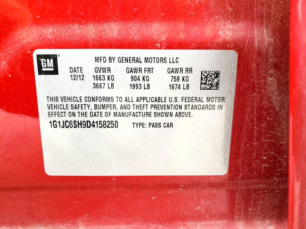 2013 Chevrolet Sonic Lt Red vin: 1G1JC6SH9D4158250